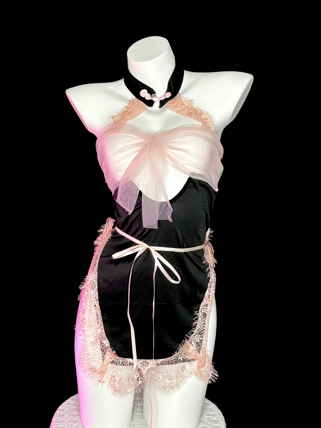 Pink Tulle Bow Qipao Collar Lace Trim Lingerie Mini Dress