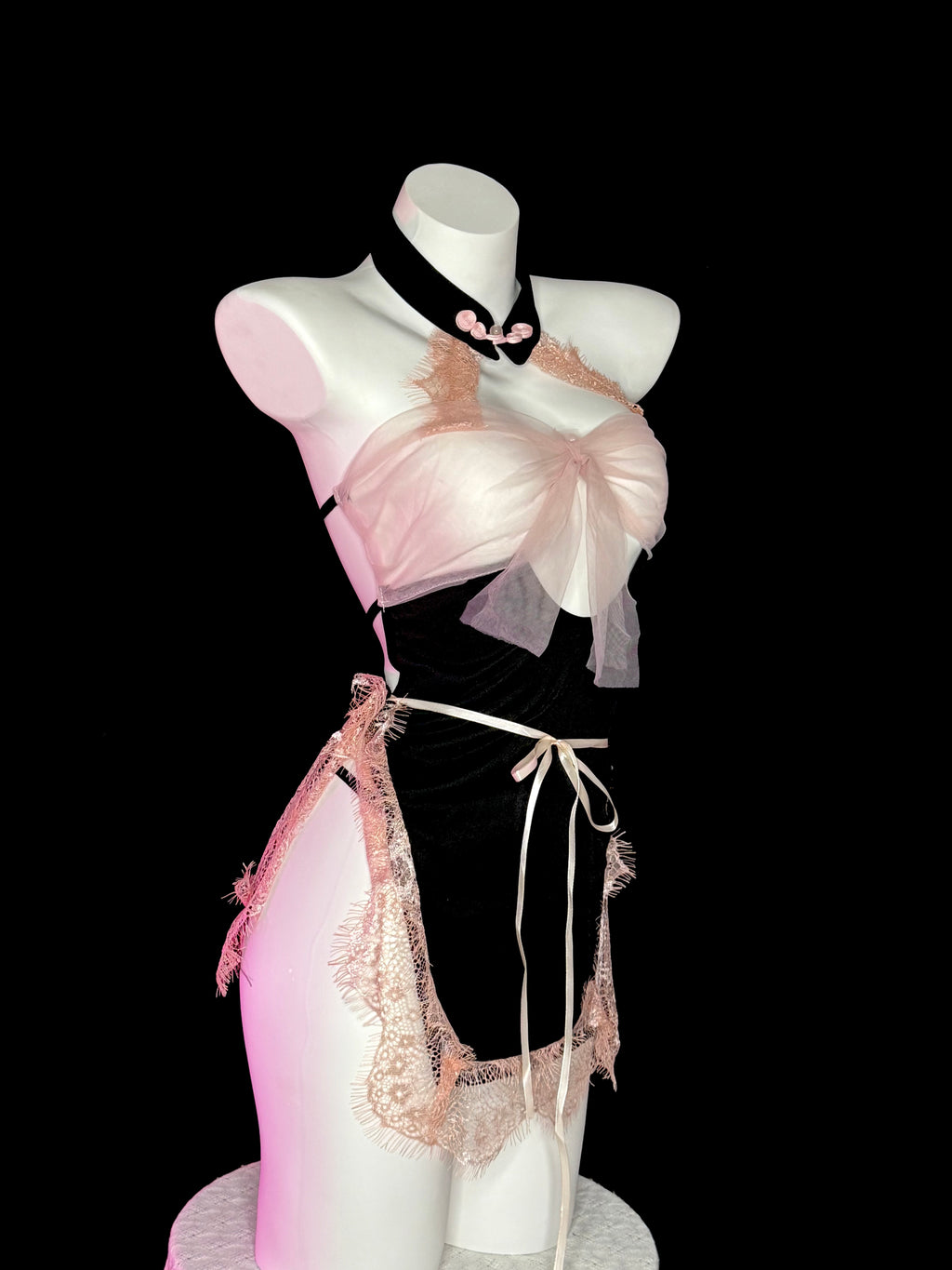 Pink Tulle Bow Qipao Collar Lace Trim Lingerie Mini Dress