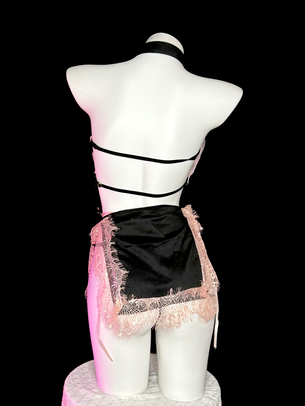 Pink Tulle Bow Qipao Collar Lace Trim Lingerie Mini Dress