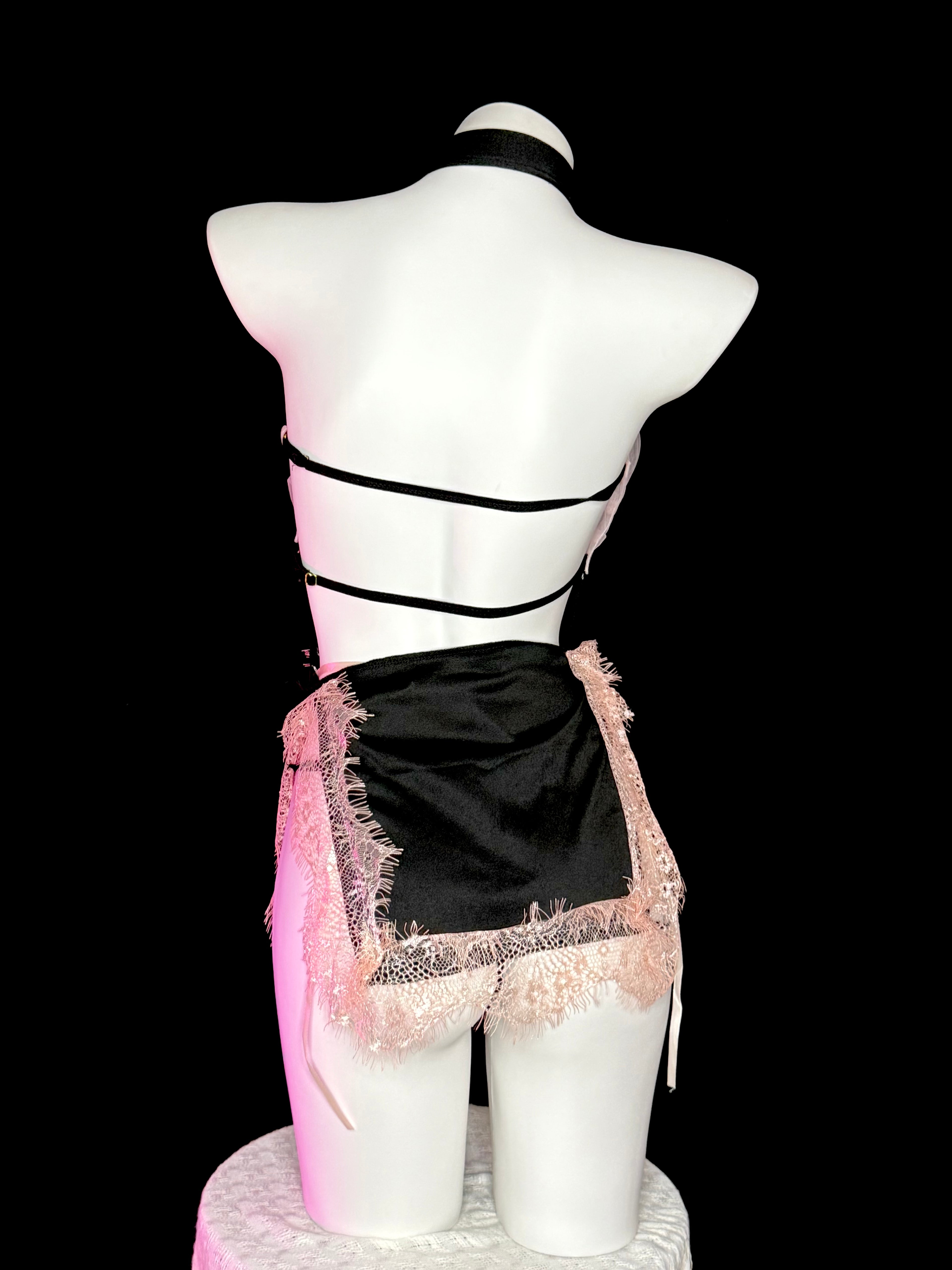 Pink Tulle Bow Qipao Collar Lace Trim Lingerie Mini Dress
