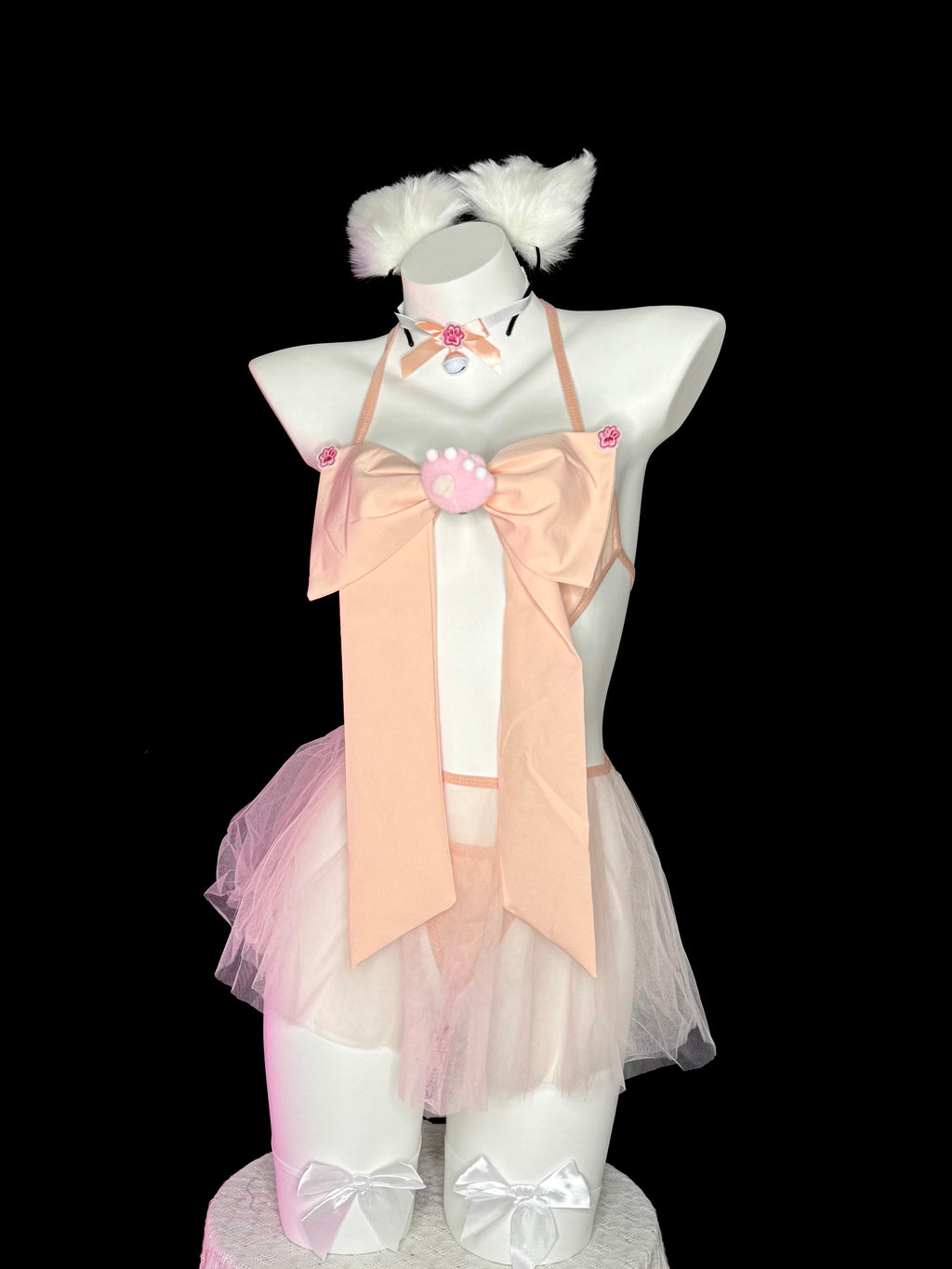 White Cat Ear Paw Bow Tulle Skirt Lingerie Set