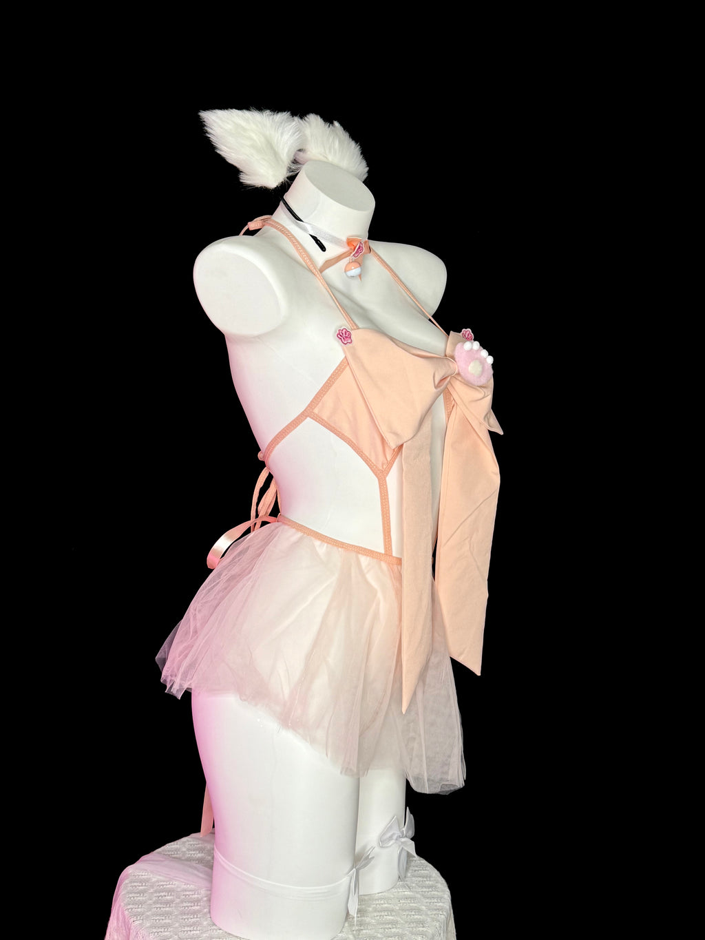 White Cat Ear Paw Bow Tulle Skirt Lingerie Set