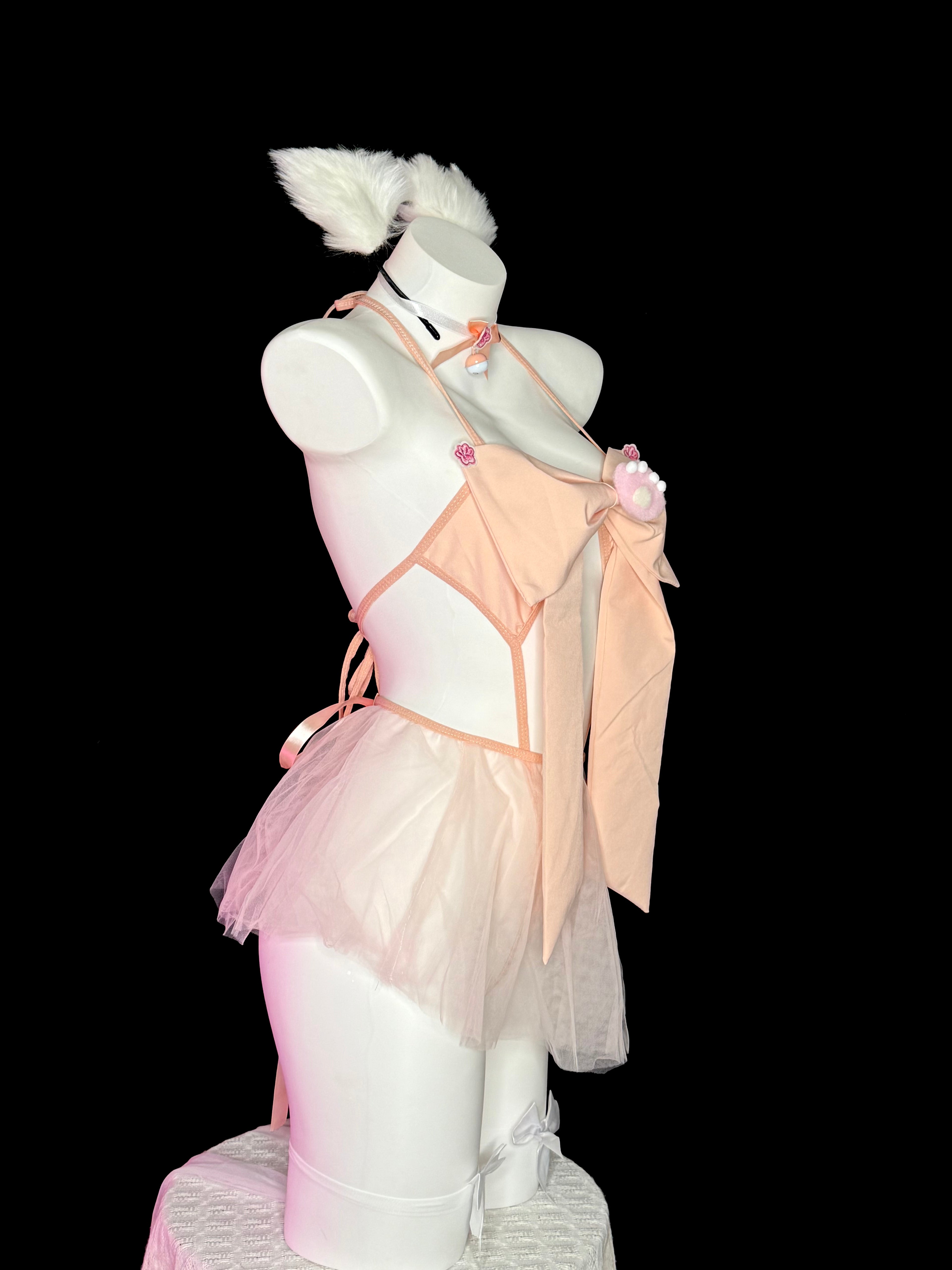 White Cat Ear Paw Bow Tulle Skirt Lingerie Set