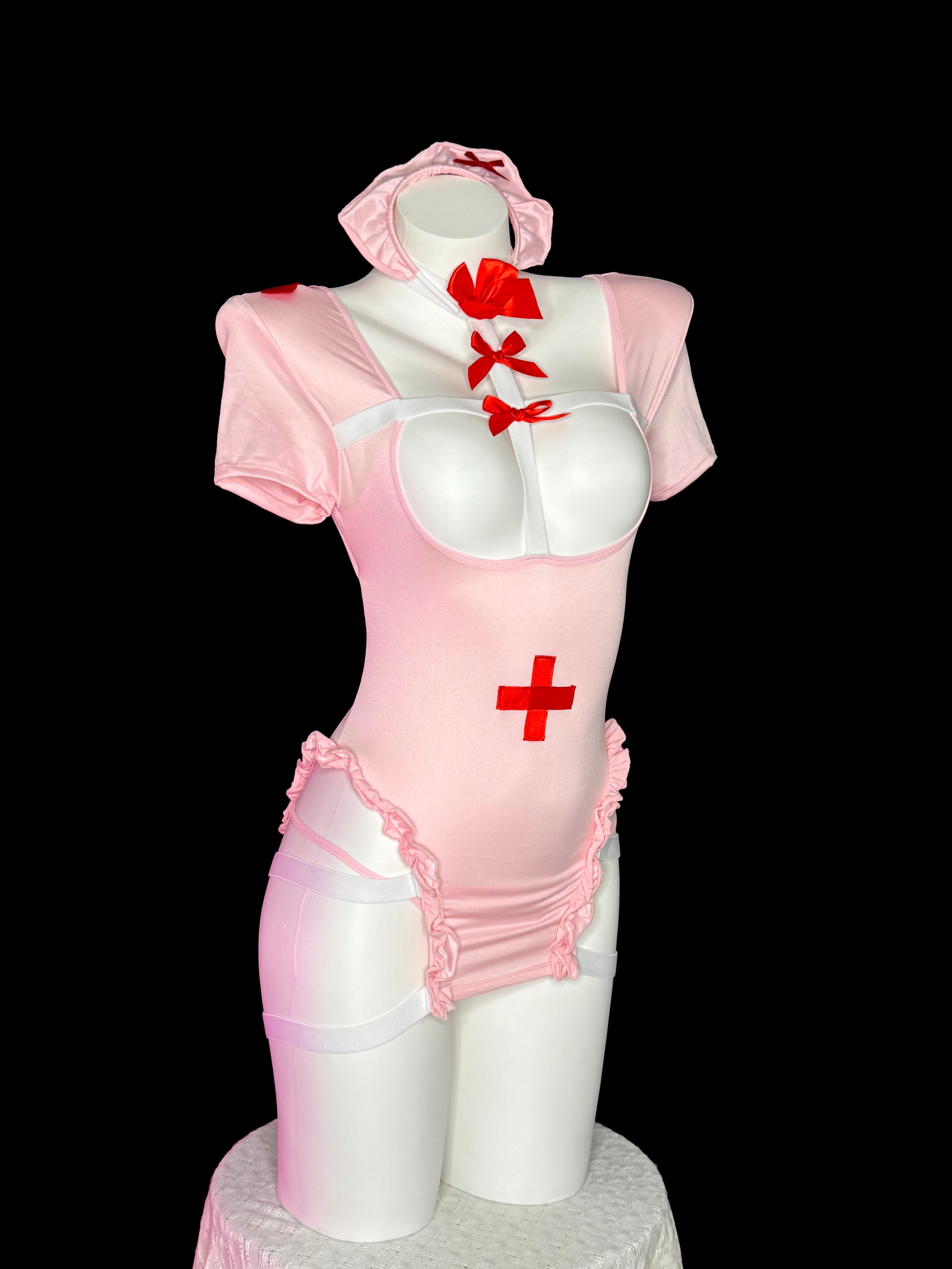 Pink Red Cross Bow Nurse Bodysuit Lingerie Set