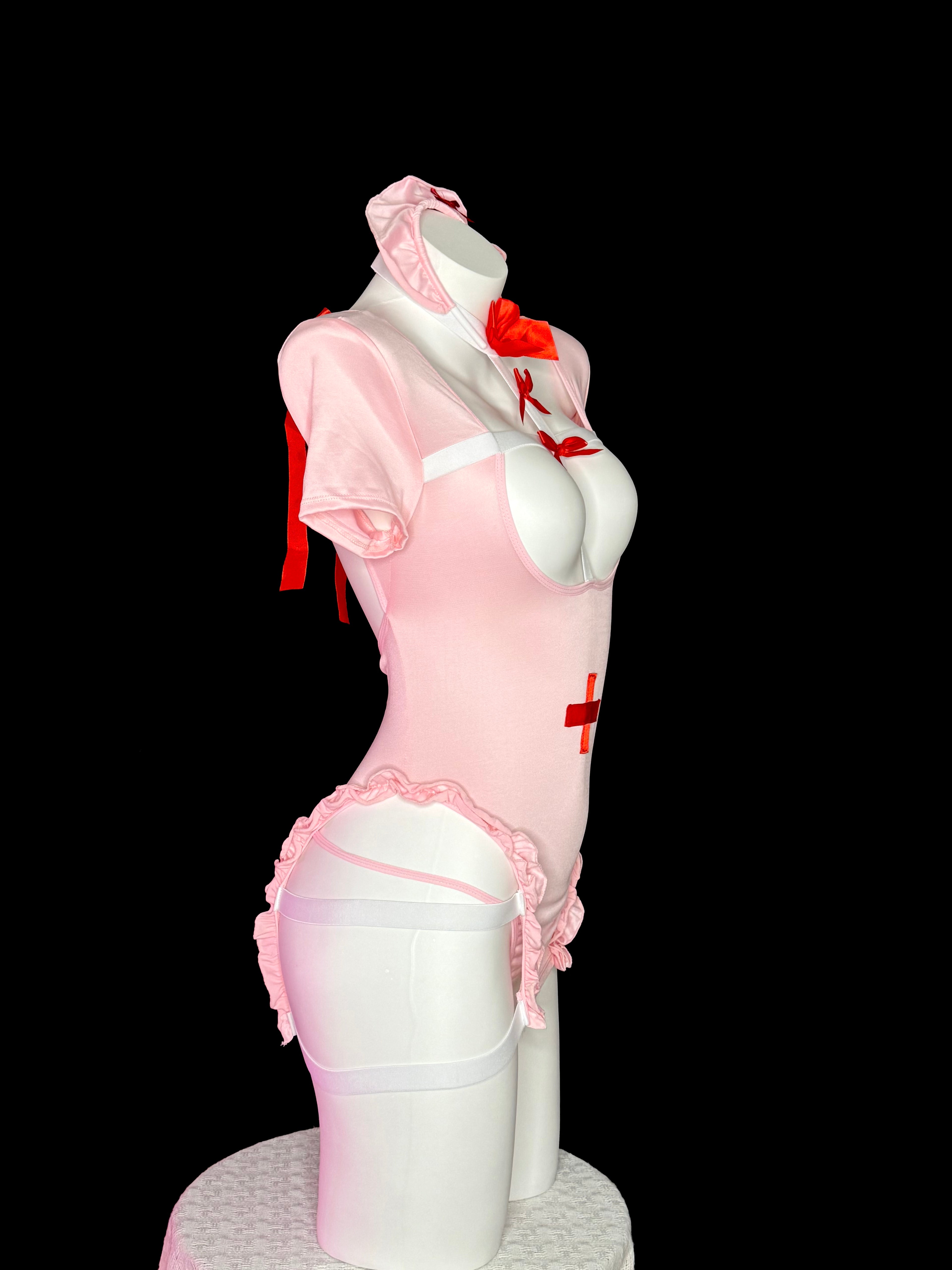 Pink Red Cross Bow Nurse Bodysuit Lingerie Set