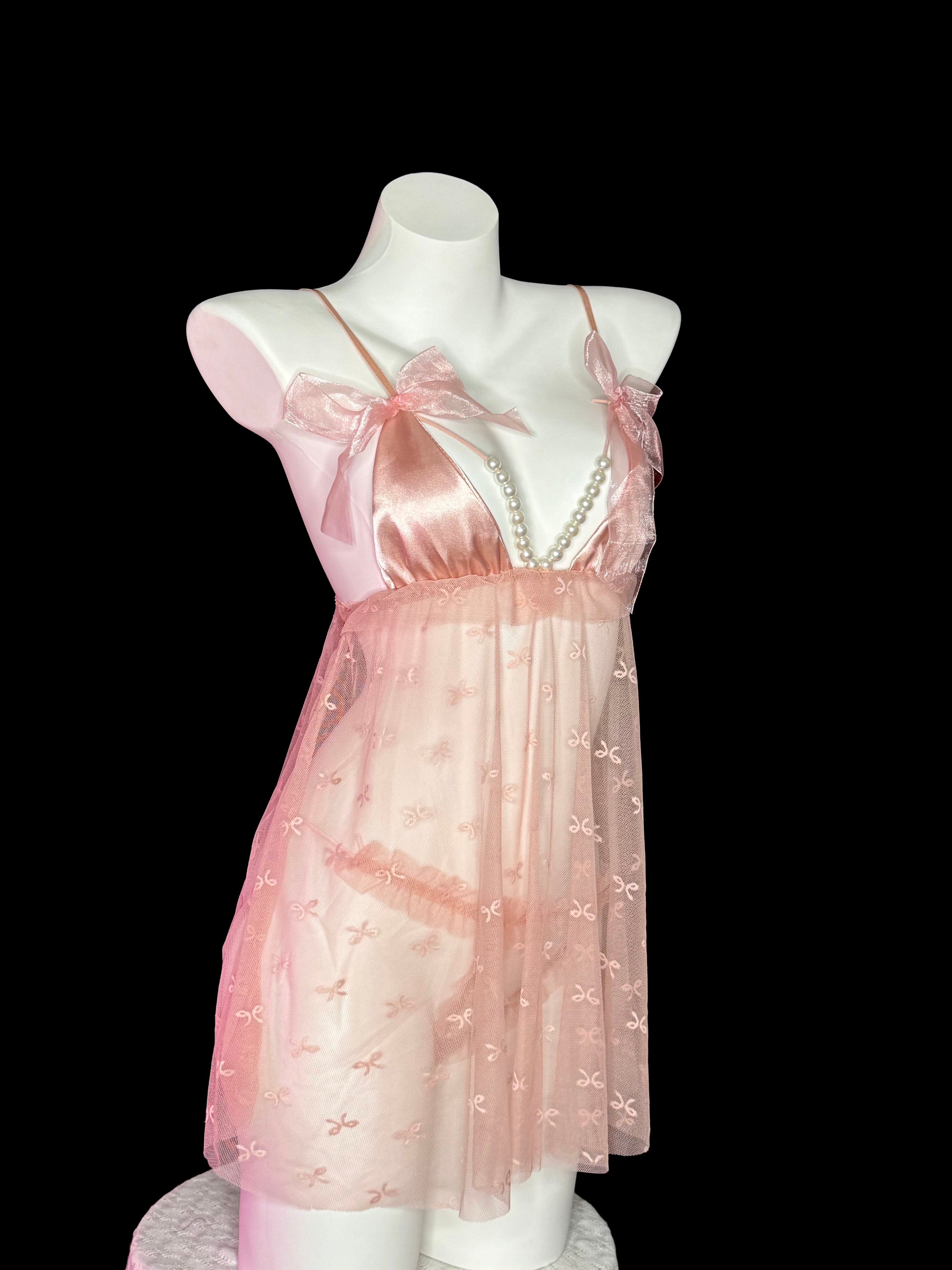 Pink Pearl Bow Embroidery Mesh Lingerie