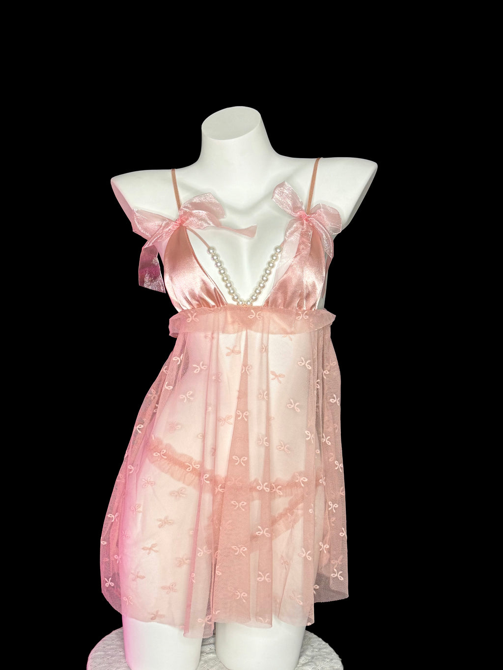 Pink Pearl Bow Embroidery Mesh Lingerie