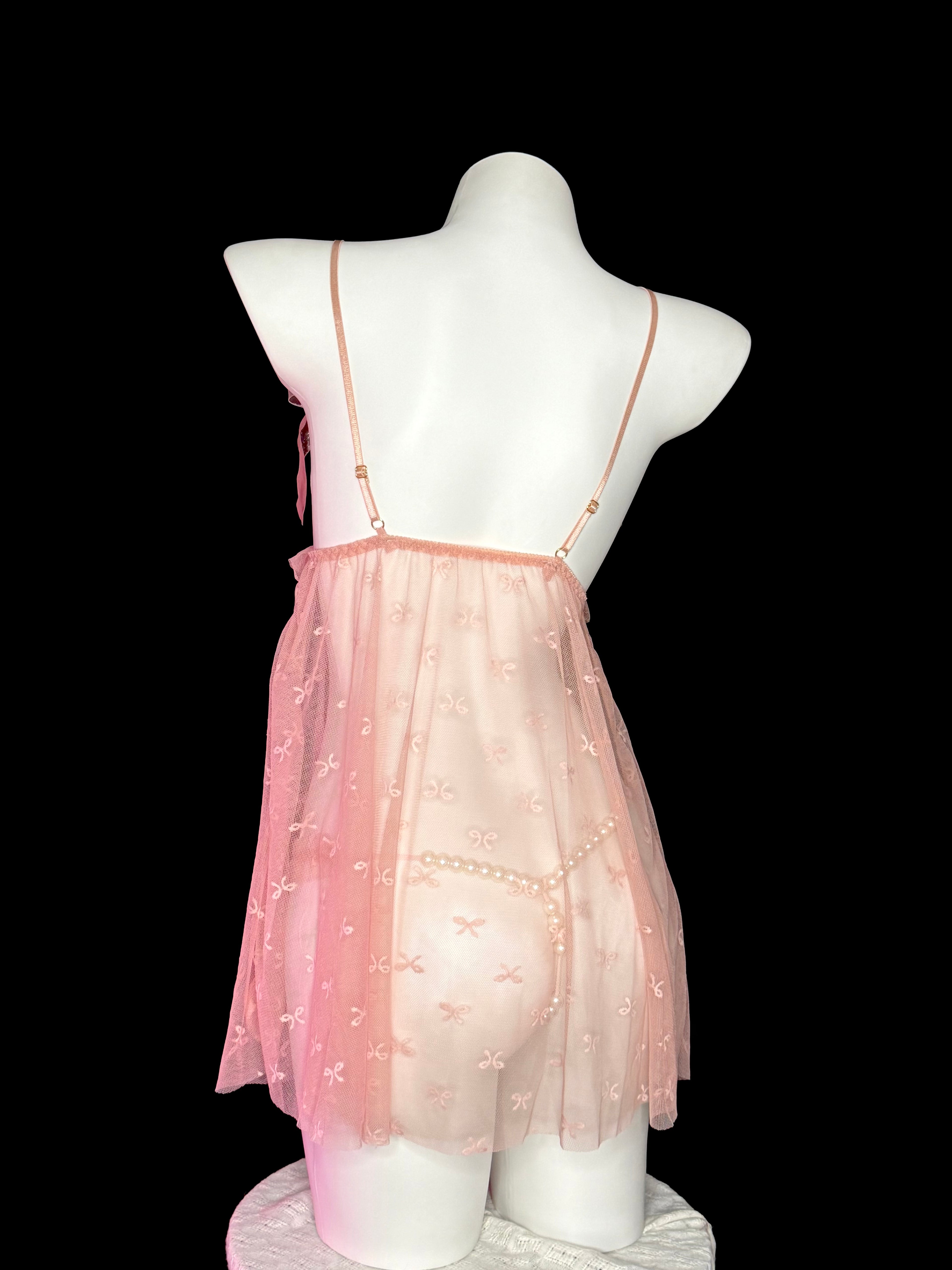 Pink Pearl Bow Embroidery Mesh Lingerie