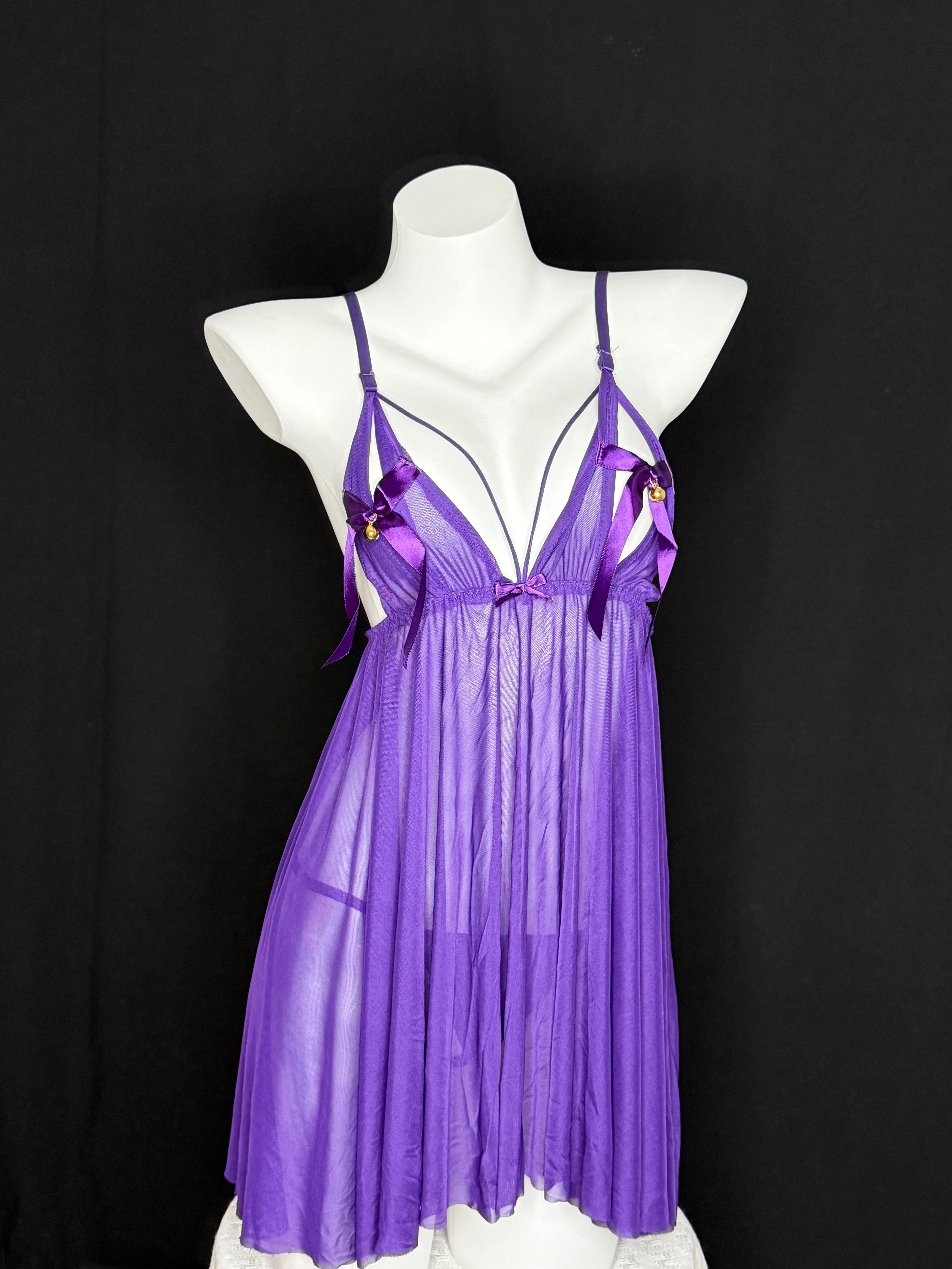 Purple Mesh Bell Bow Babydoll Lingerie