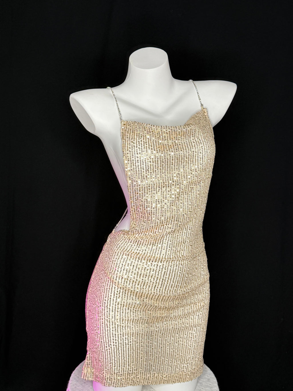 Gold Sequin Backless Rhinestone Strap Mini Dress