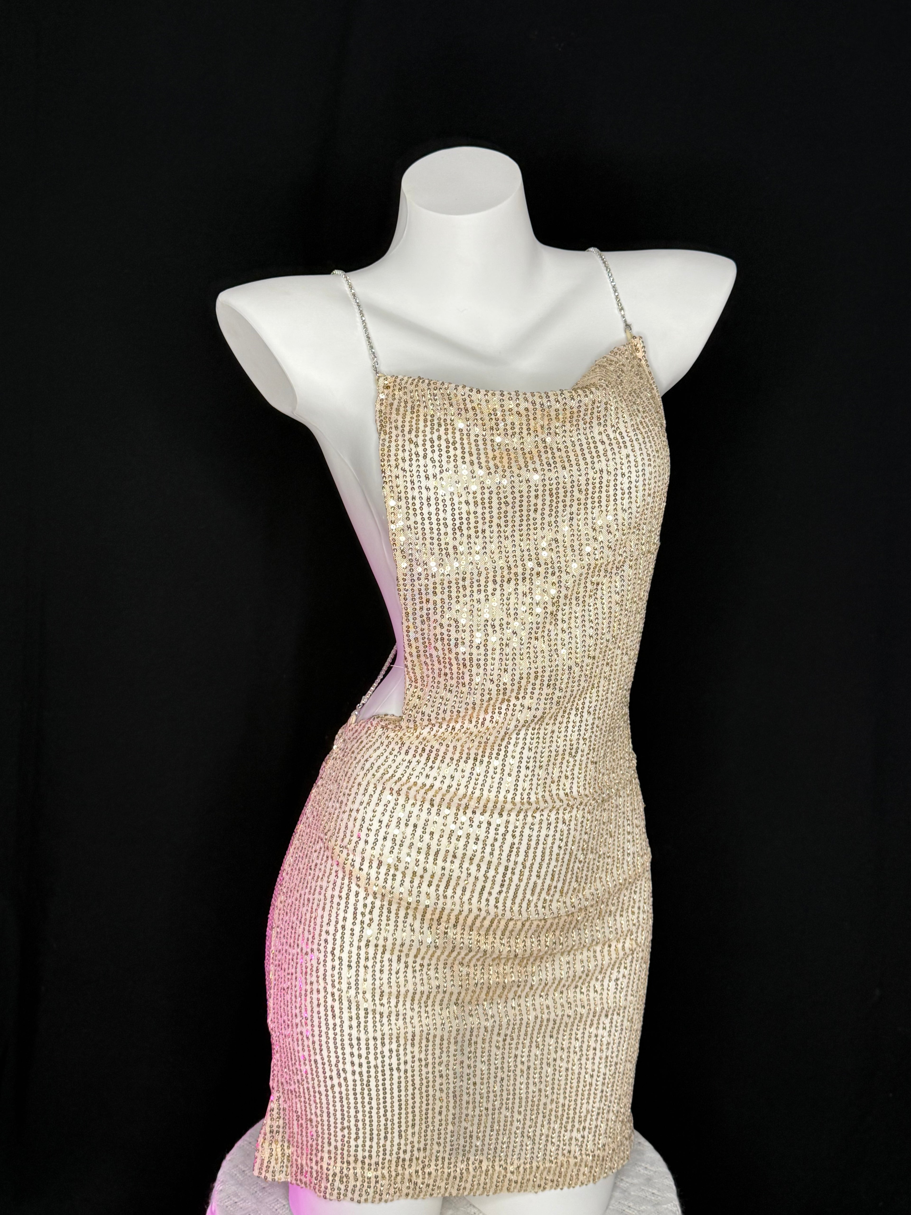 Gold Sequin Backless Rhinestone Strap Mini Dress