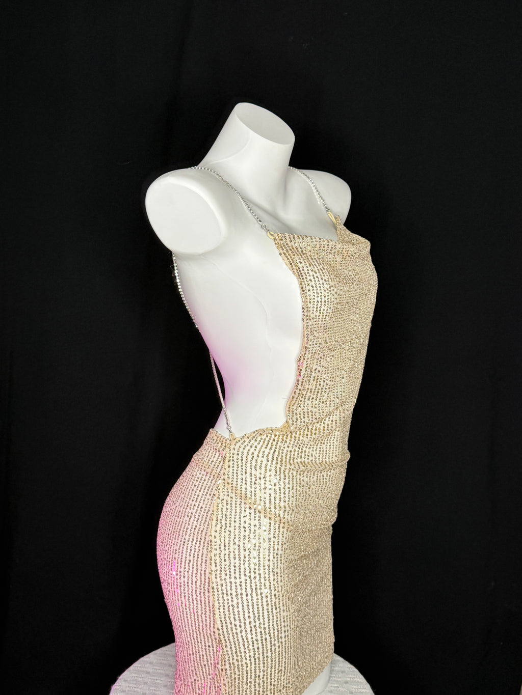 Gold Sequin Backless Rhinestone Strap Mini Dress