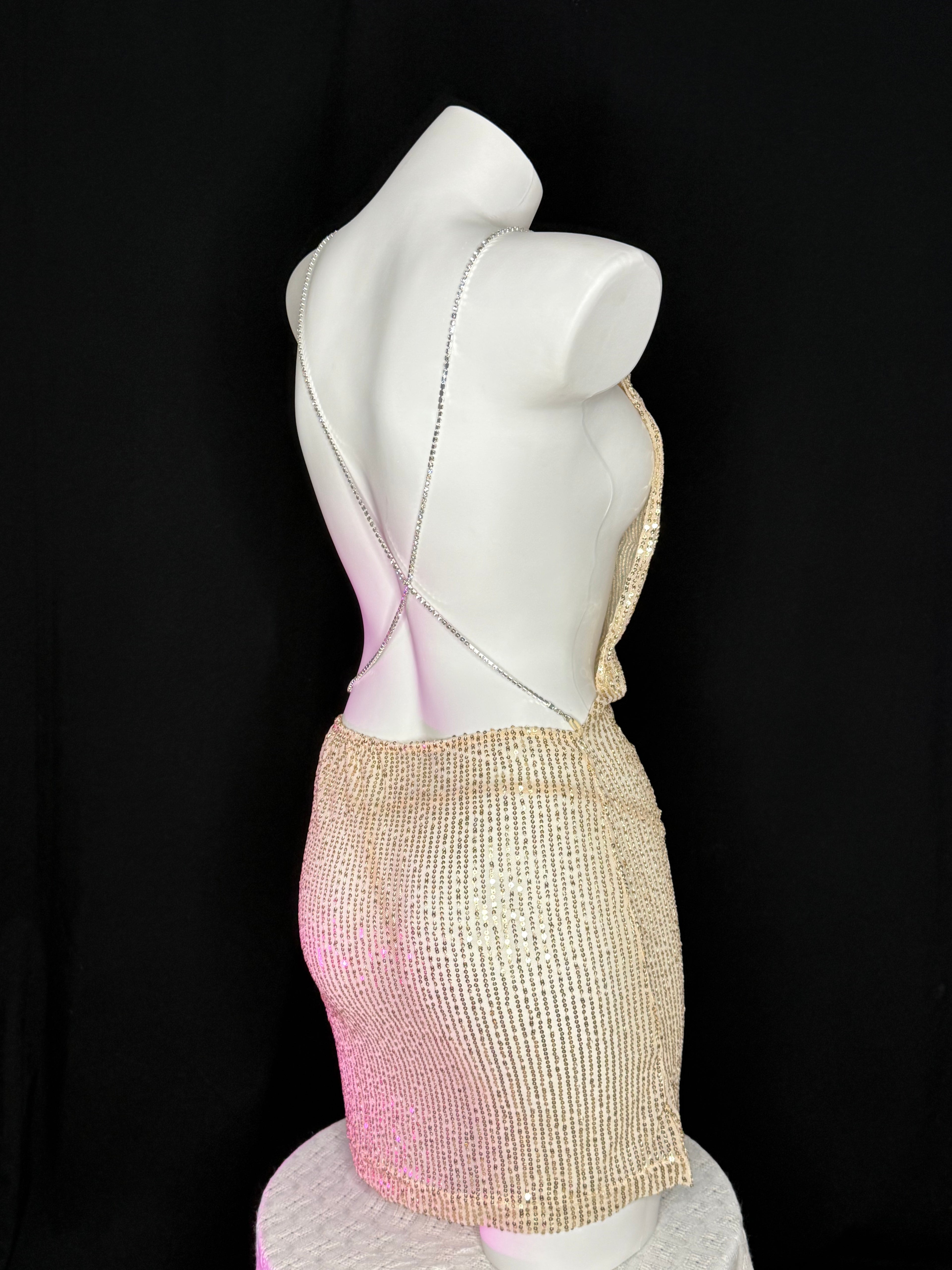 Gold Sequin Backless Rhinestone Strap Mini Dress