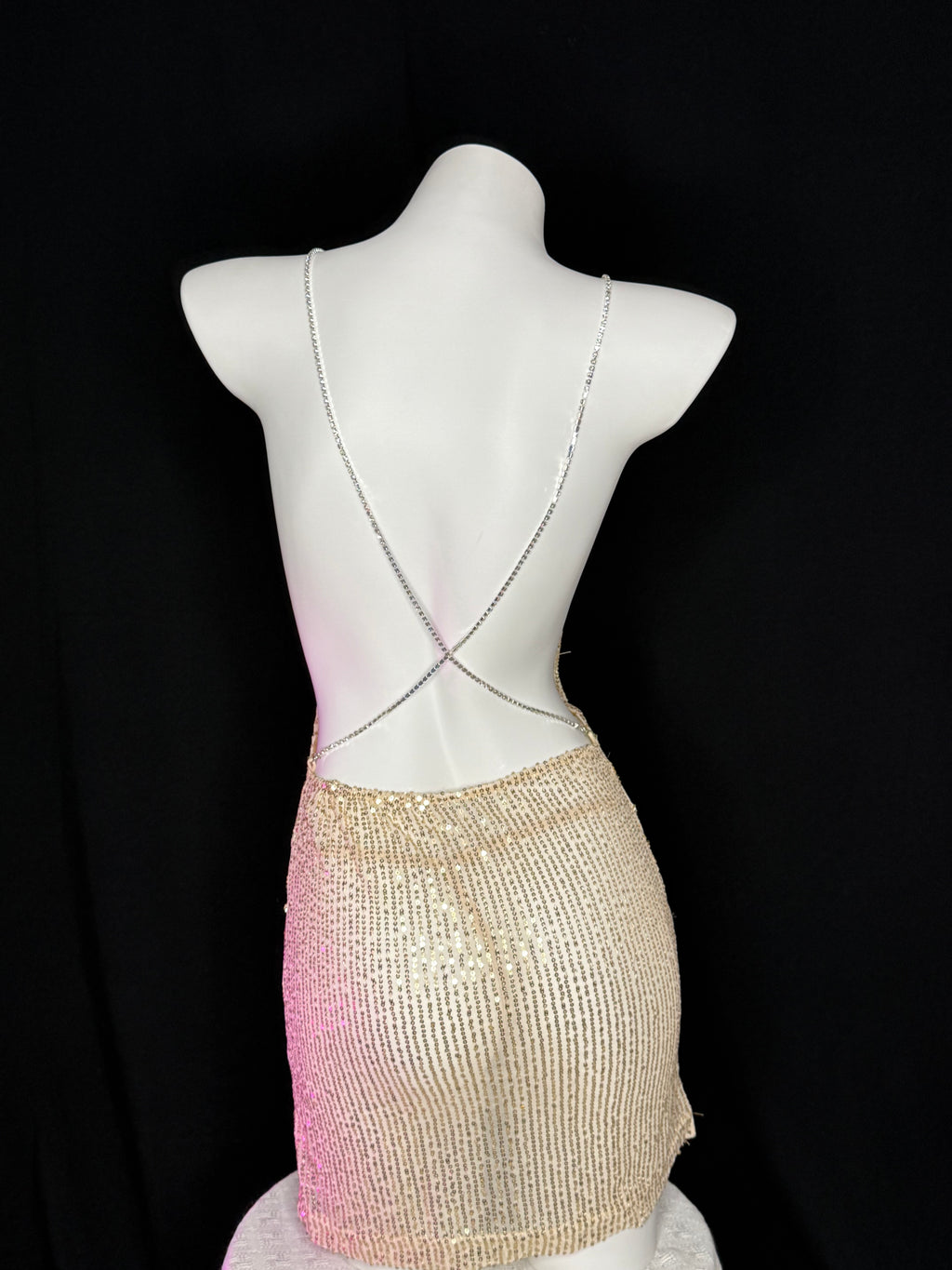 Gold Sequin Backless Rhinestone Strap Mini Dress