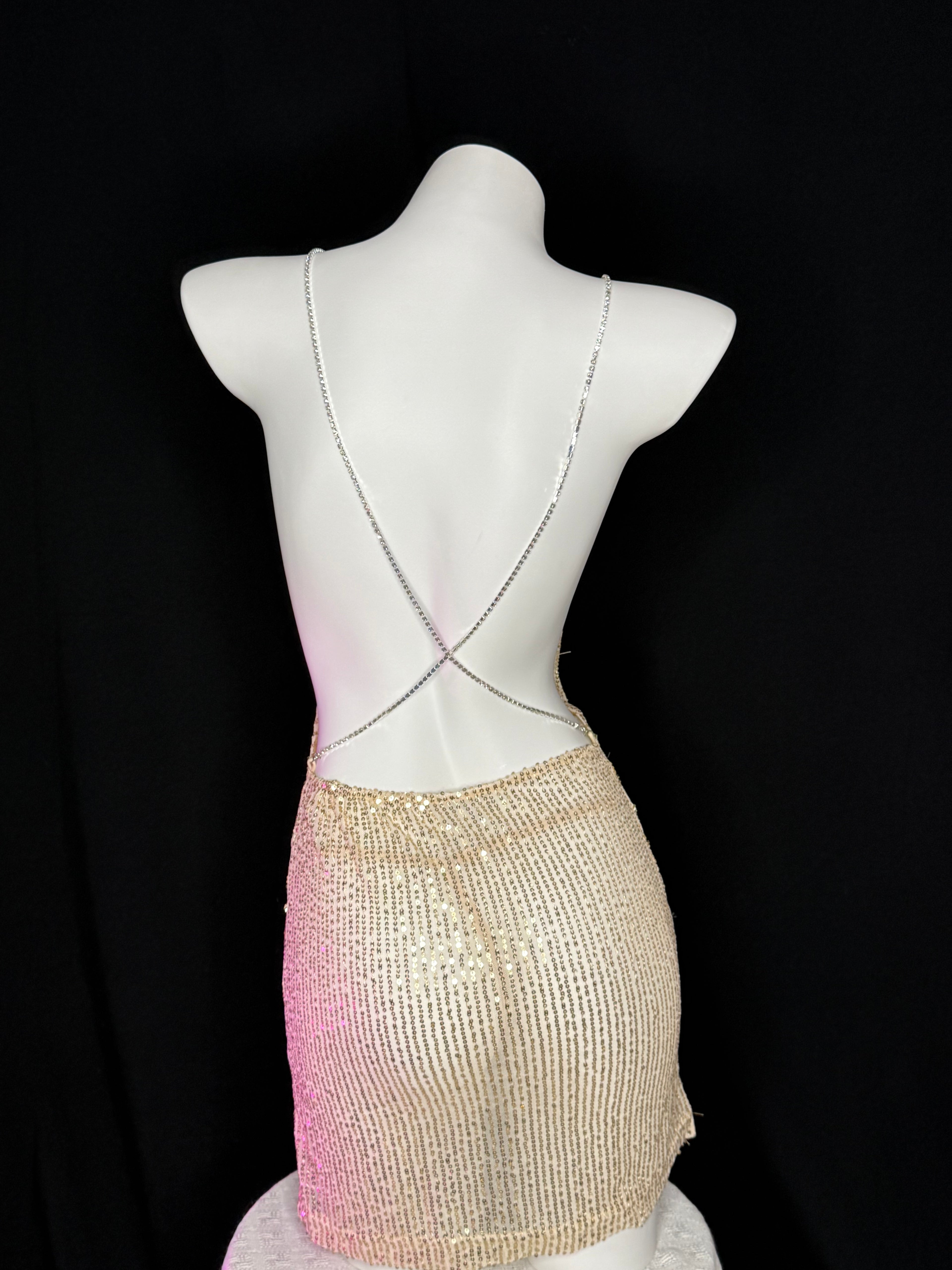 Gold Sequin Backless Rhinestone Strap Mini Dress