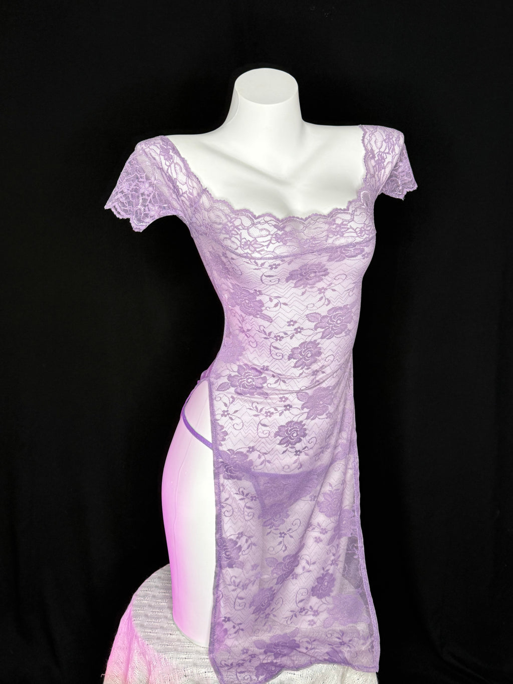 Lilac Floral Lace Off Shoulder Side Slit Chemise