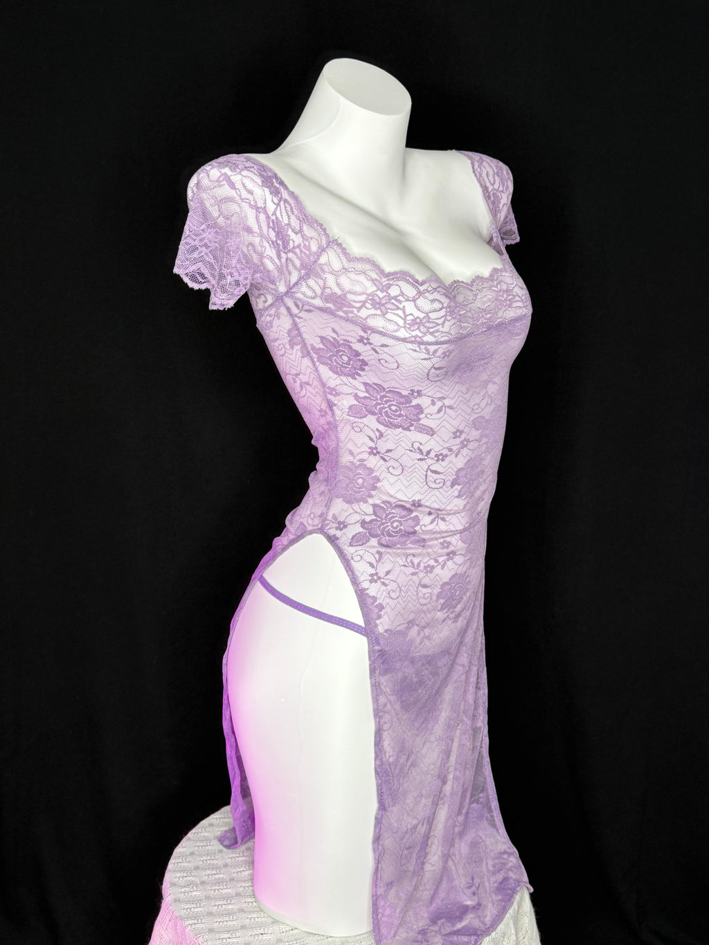 Lilac Floral Lace Off Shoulder Side Slit Chemise