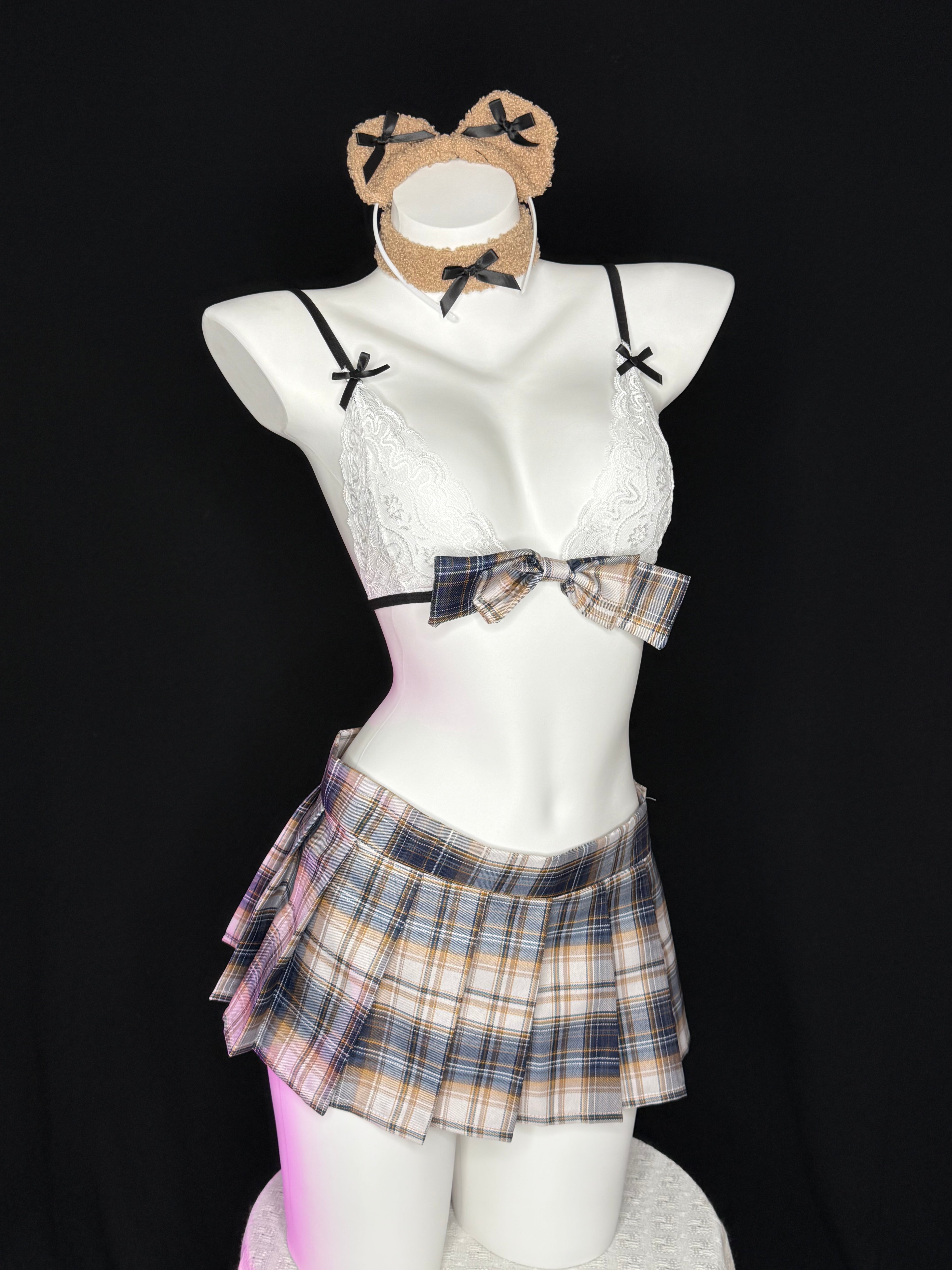 Fluffy Bear Ear Plaid Skirt School Girl Lingerie Set