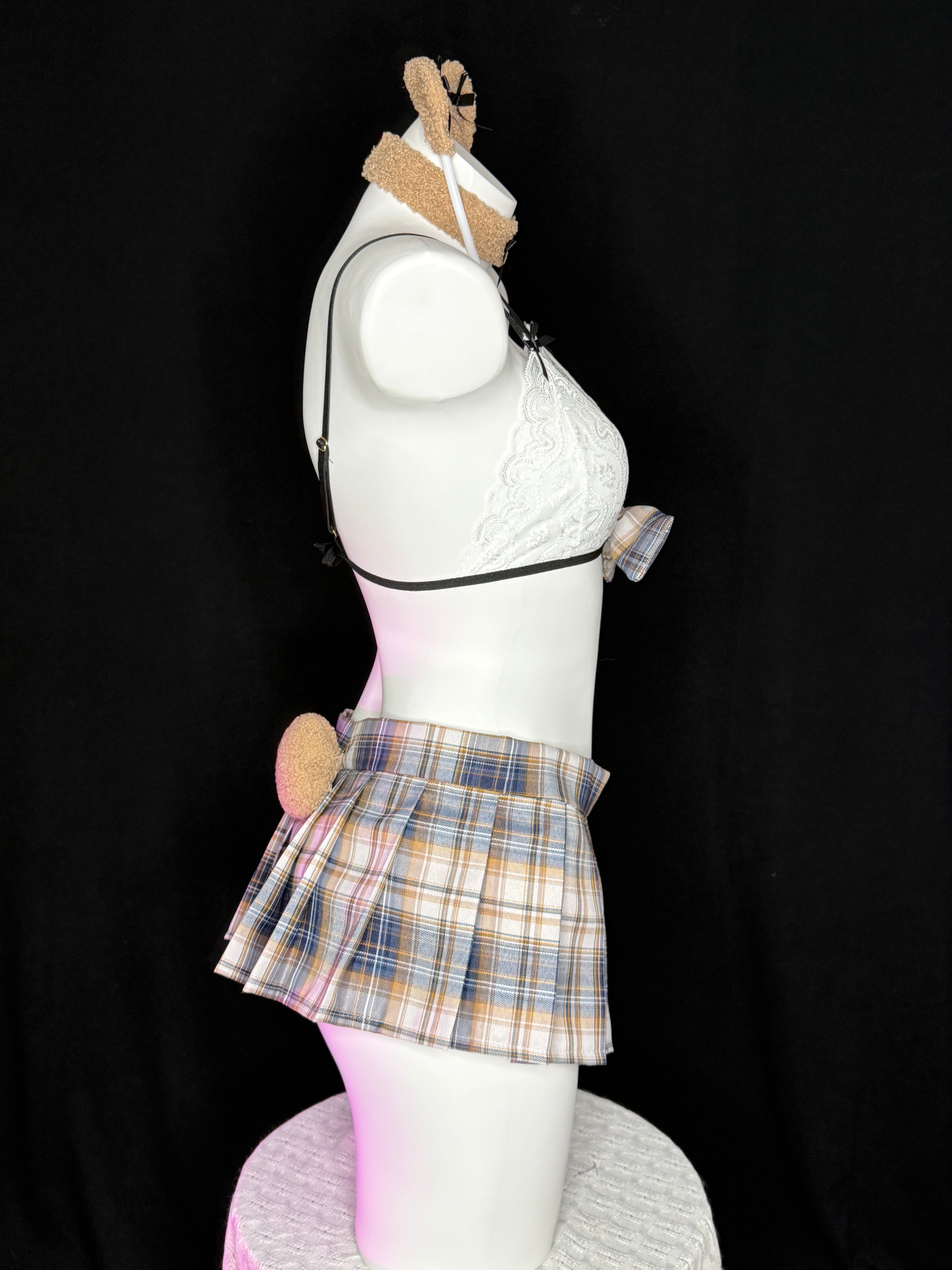 Fluffy Bear Ear Plaid Skirt School Girl Lingerie Set