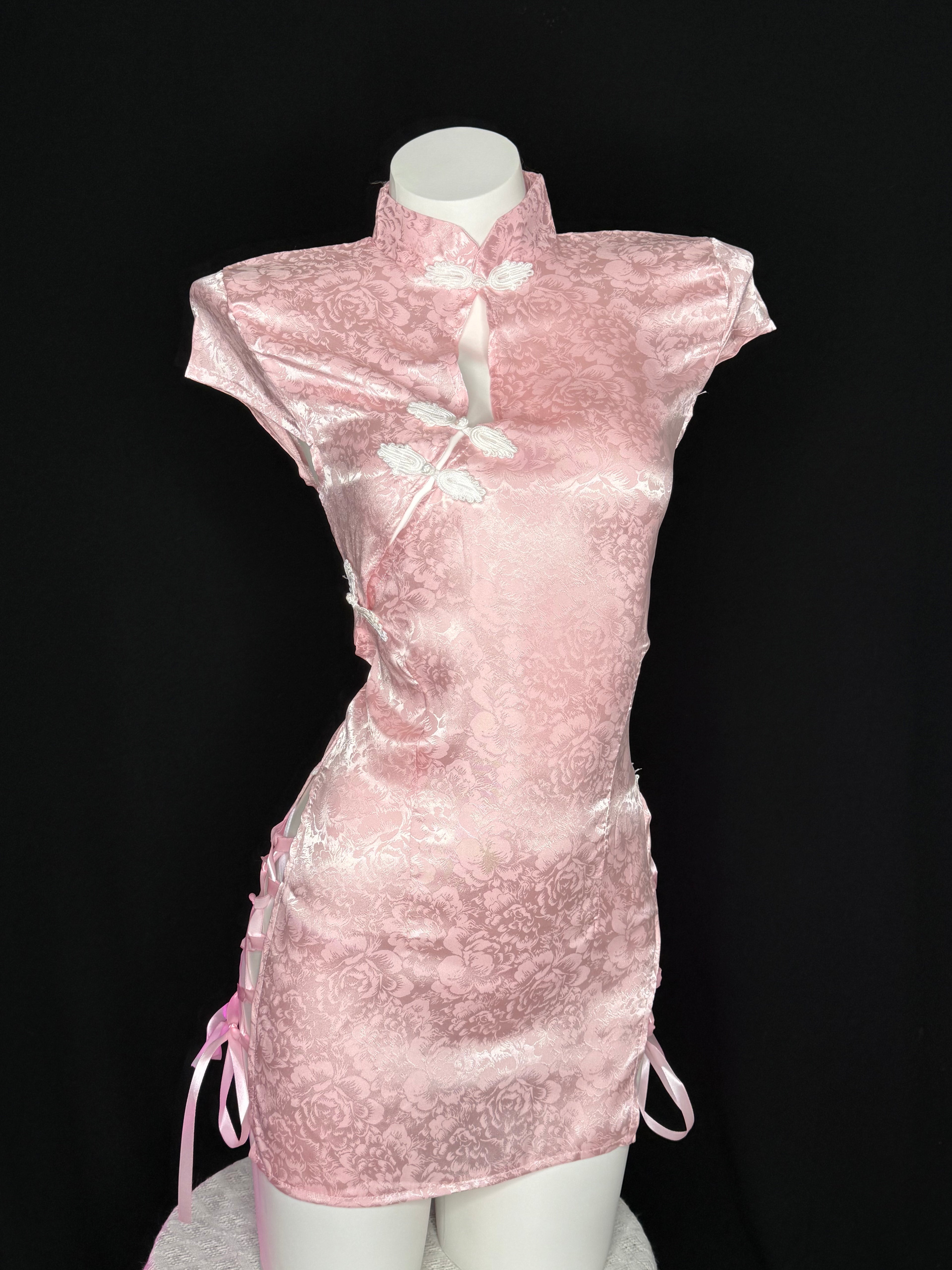 Pink Satin Side Tie Cheongsam Lingerie Mini Dress