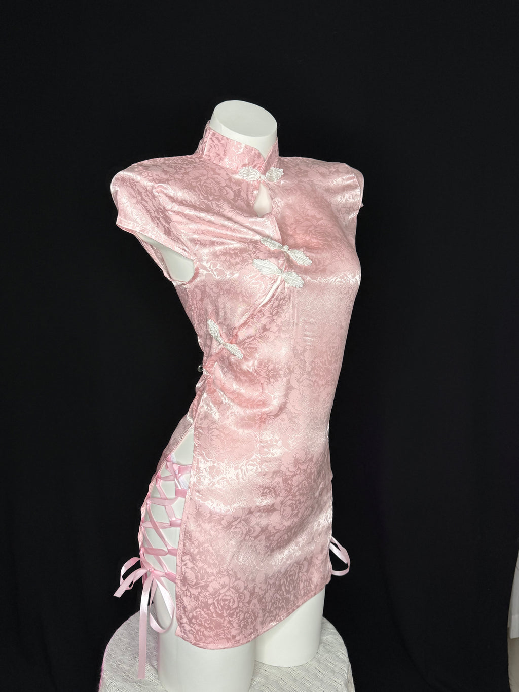 Pink Satin Side Tie Cheongsam Lingerie Mini Dress
