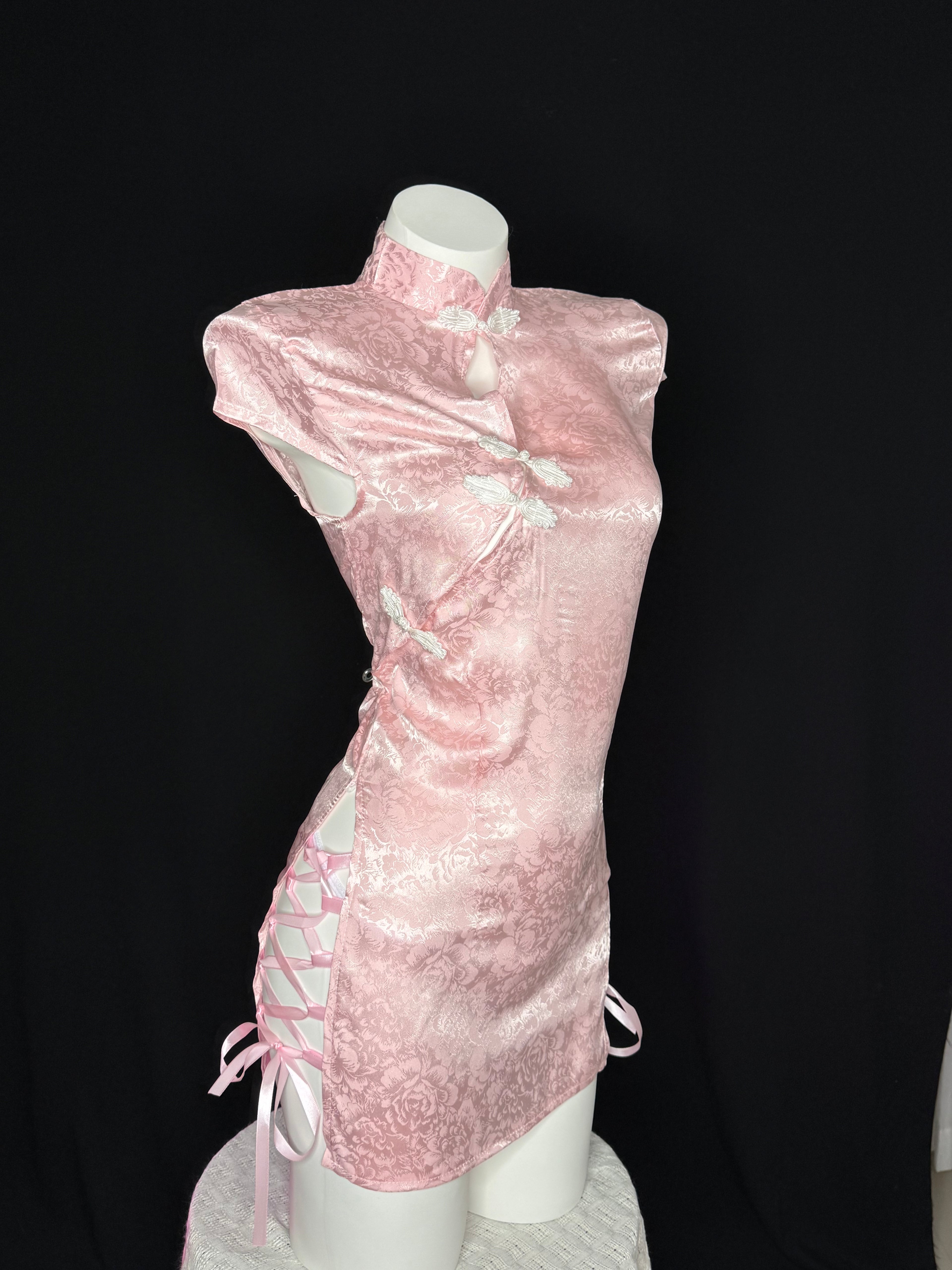 Pink Satin Side Tie Cheongsam Lingerie Mini Dress