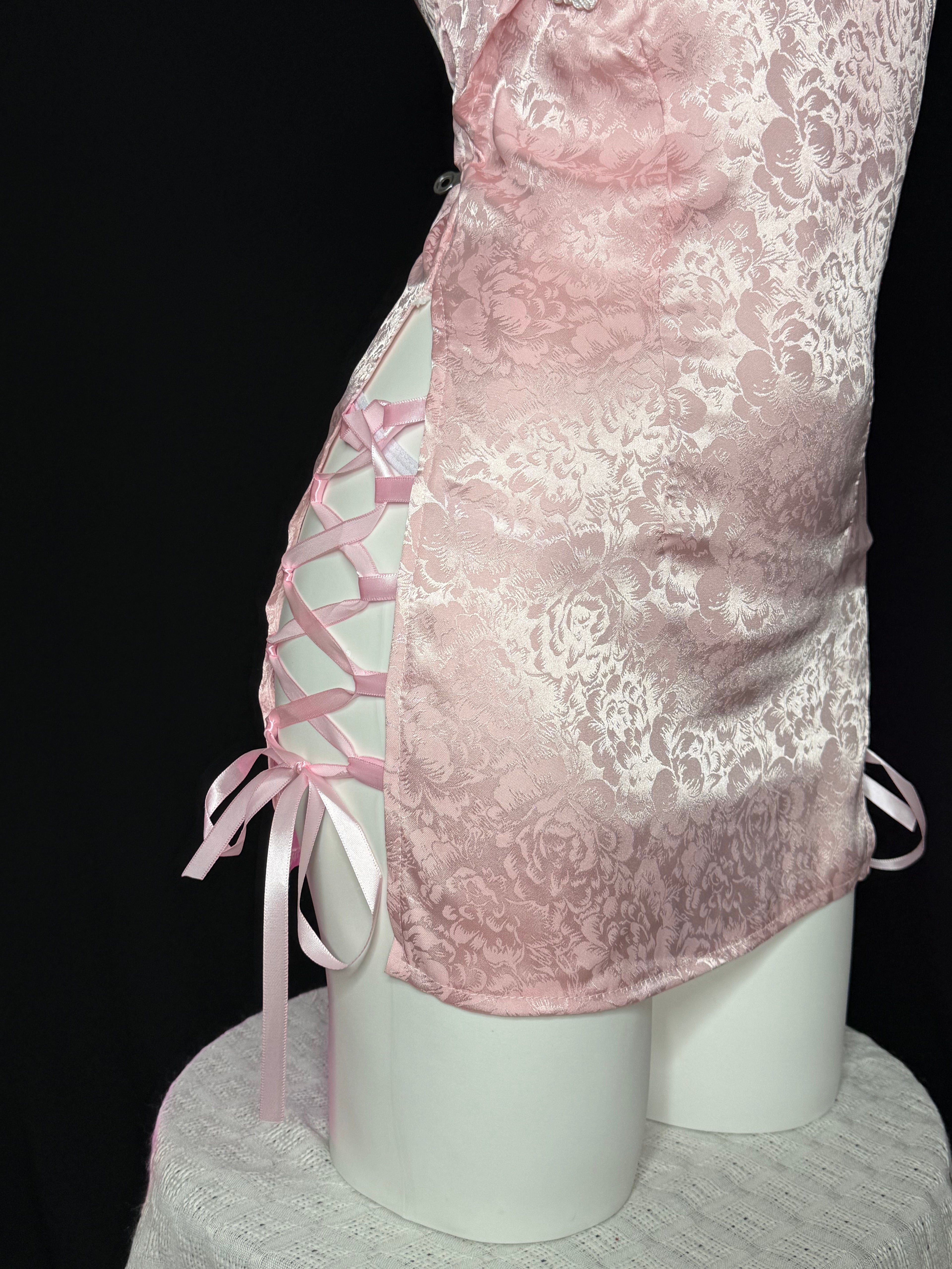 Pink Satin Side Tie Cheongsam Lingerie Mini Dress
