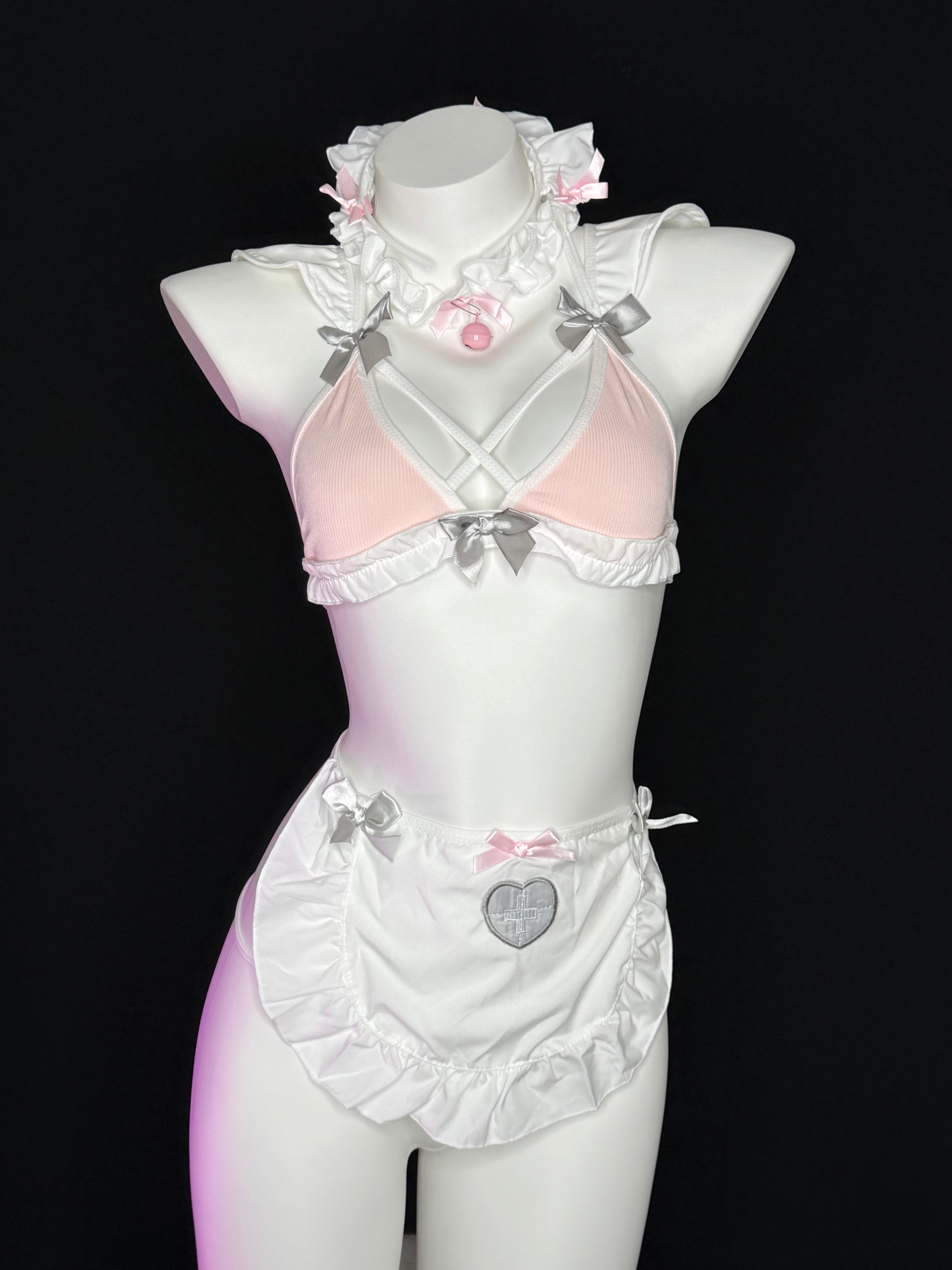 Pink Bow Bell Kawaii Maid Lingerie Set