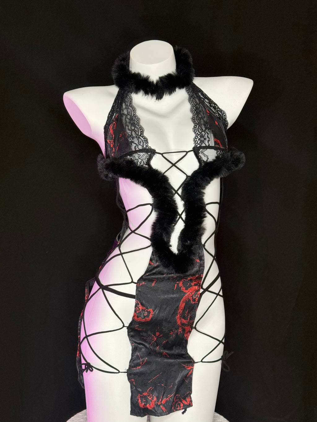 Red Dragon Print Fur Trim Lace Harness Bodysuit