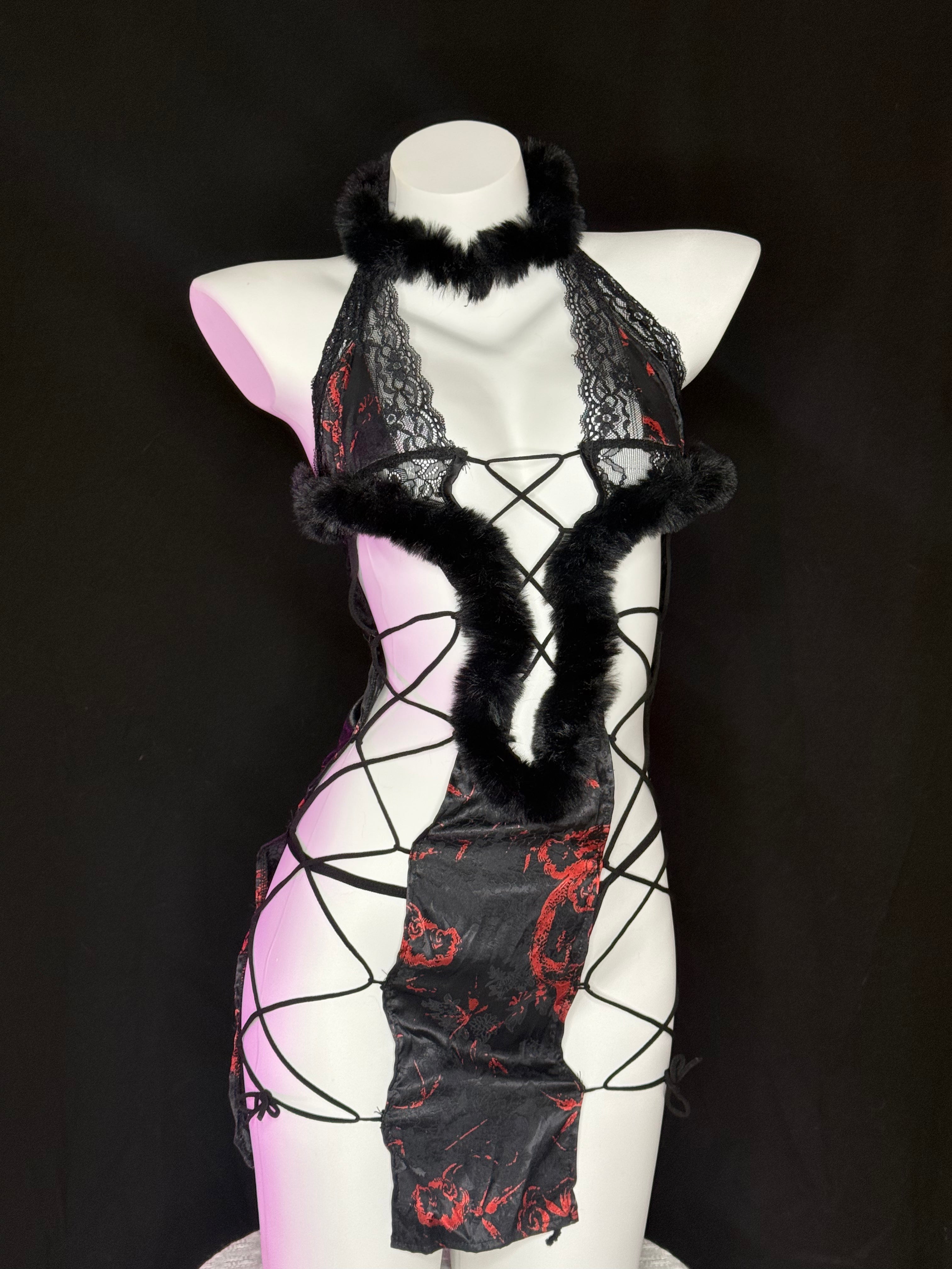 Red Dragon Print Fur Trim Lace Harness Bodysuit