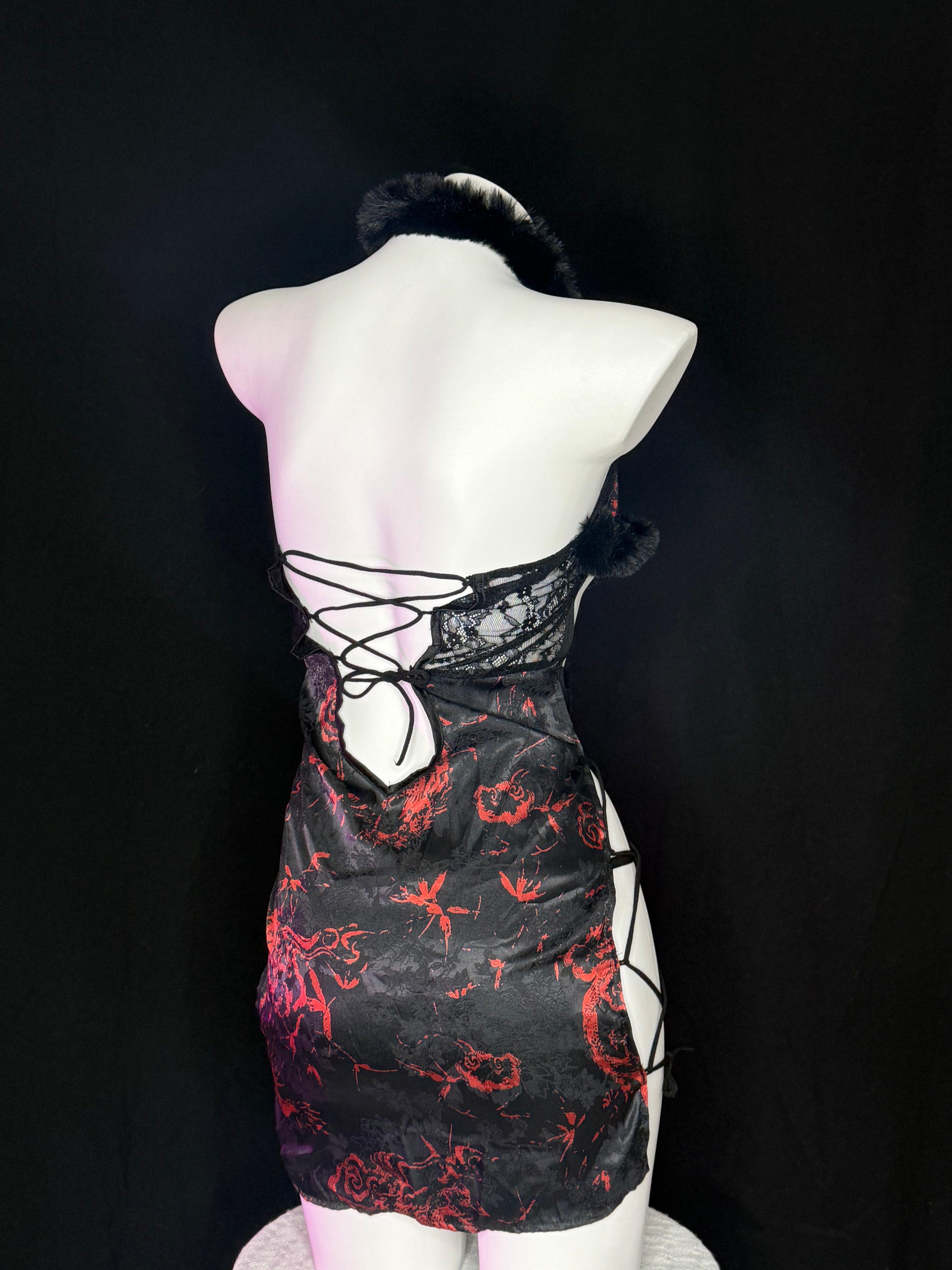 Red Dragon Print Fur Trim Lace Harness Bodysuit
