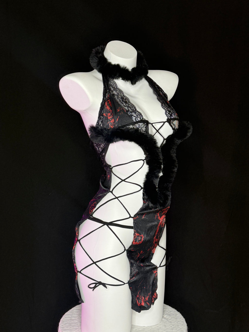 Red Dragon Print Fur Trim Lace Harness Bodysuit