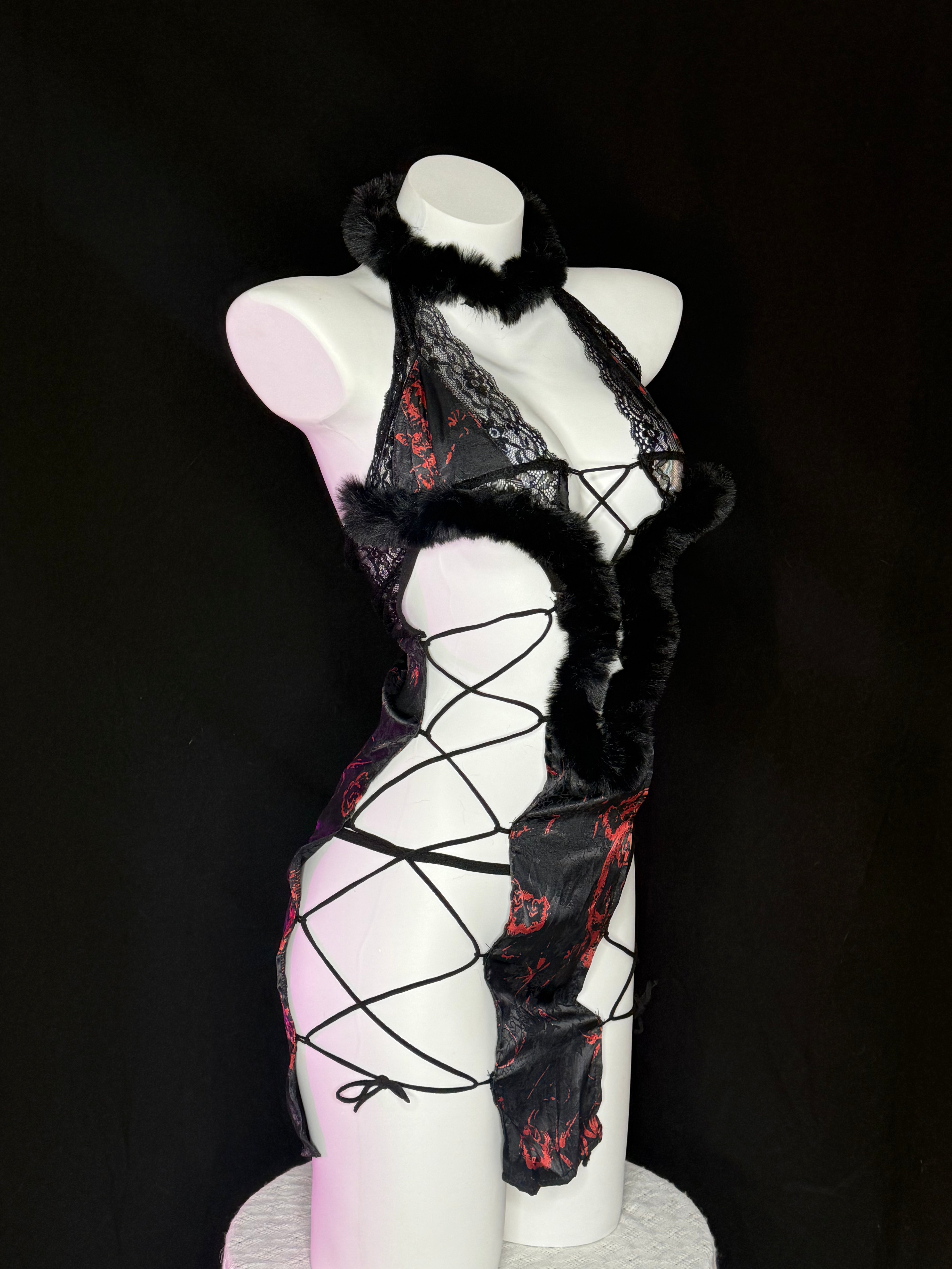 Red Dragon Print Fur Trim Lace Harness Bodysuit