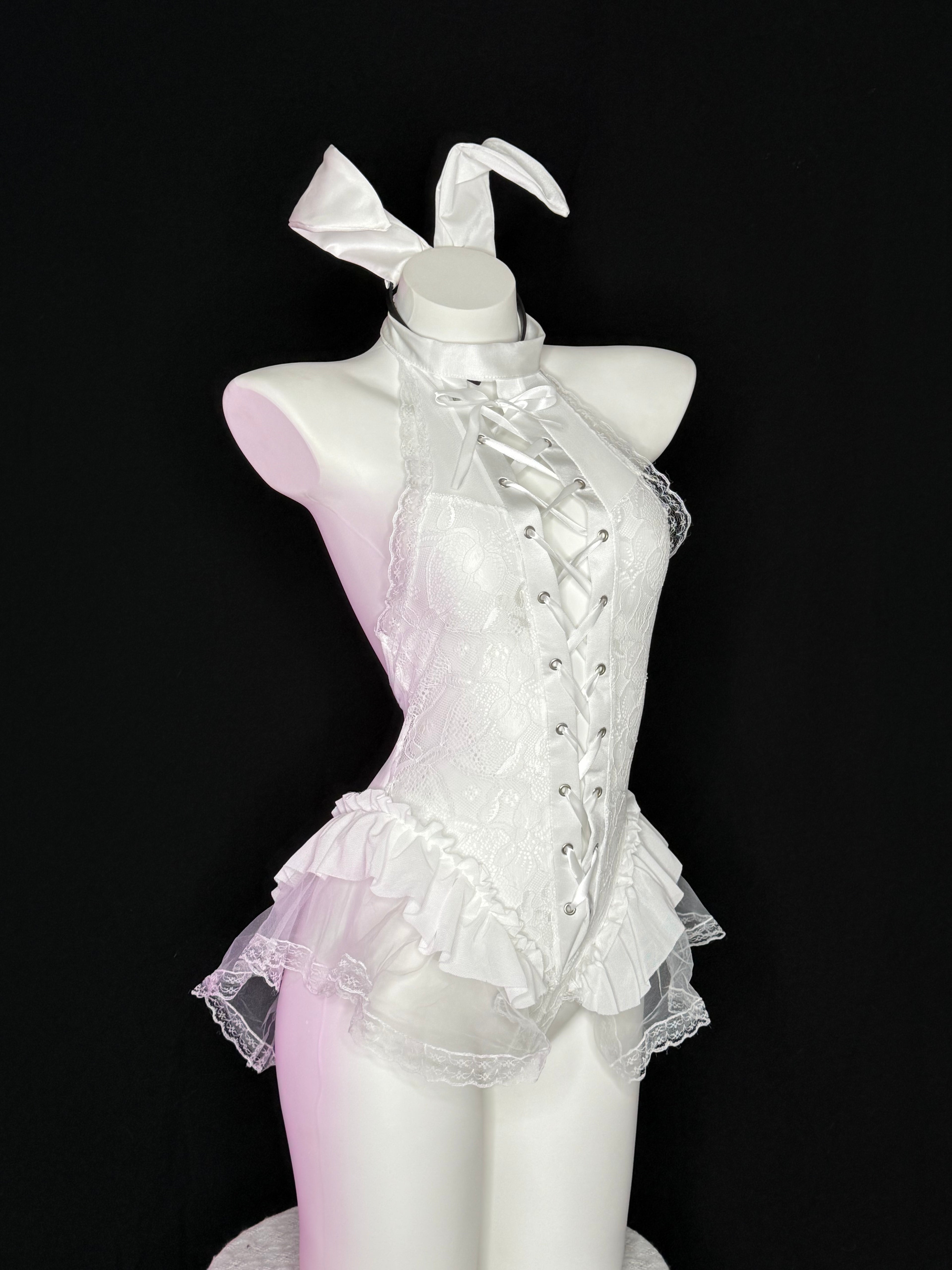 White Lace Bunny Ear Lace Up Ruffle Bodysuit