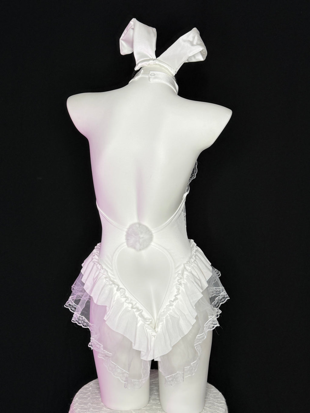 White Lace Bunny Ear Lace Up Ruffle Bodysuit
