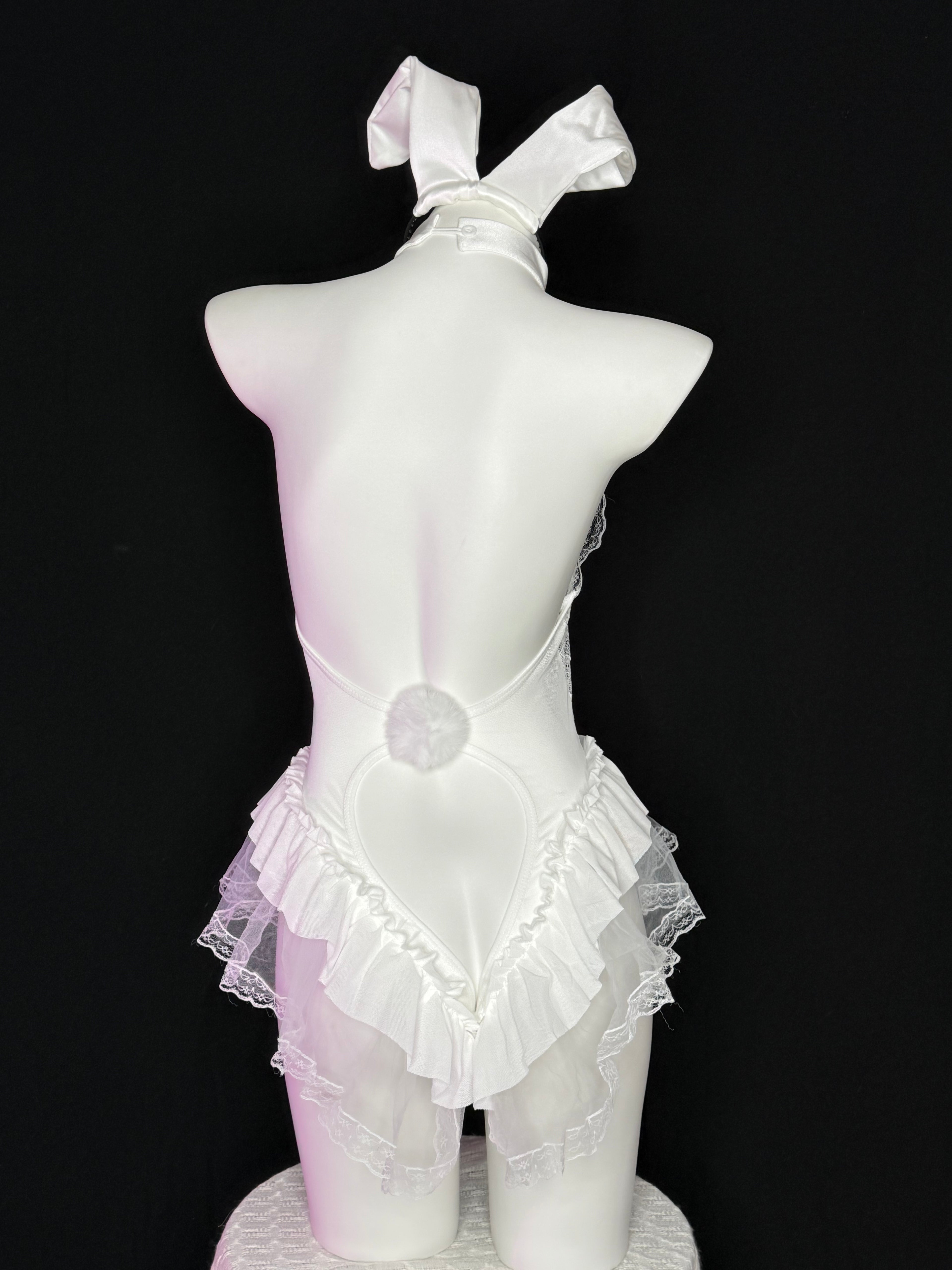 White Lace Bunny Ear Lace Up Ruffle Bodysuit