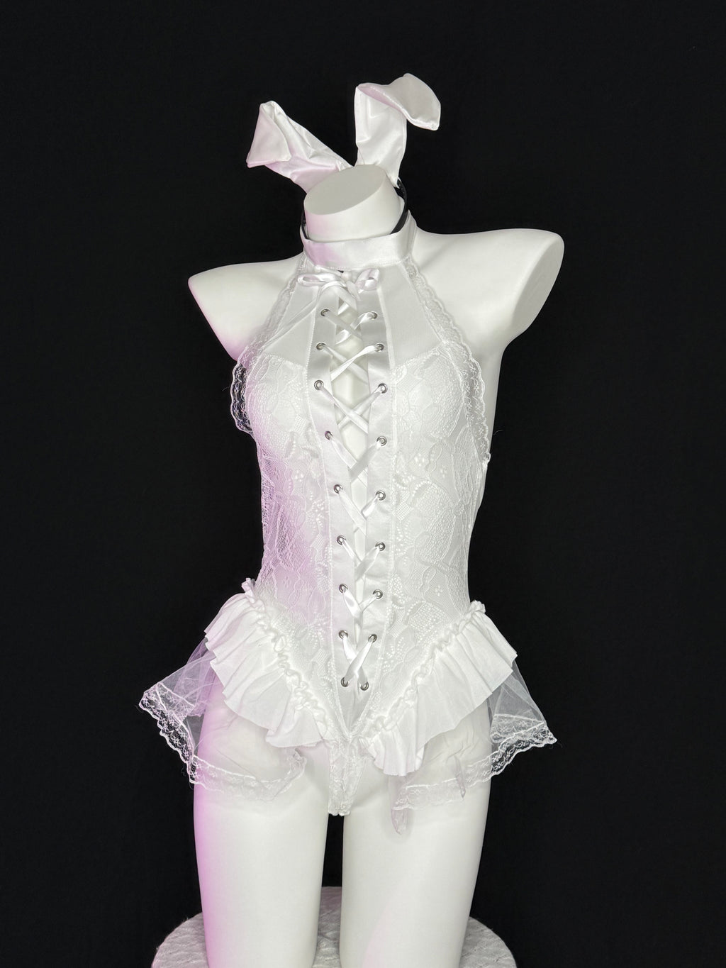 White Lace Bunny Ear Lace Up Ruffle Bodysuit