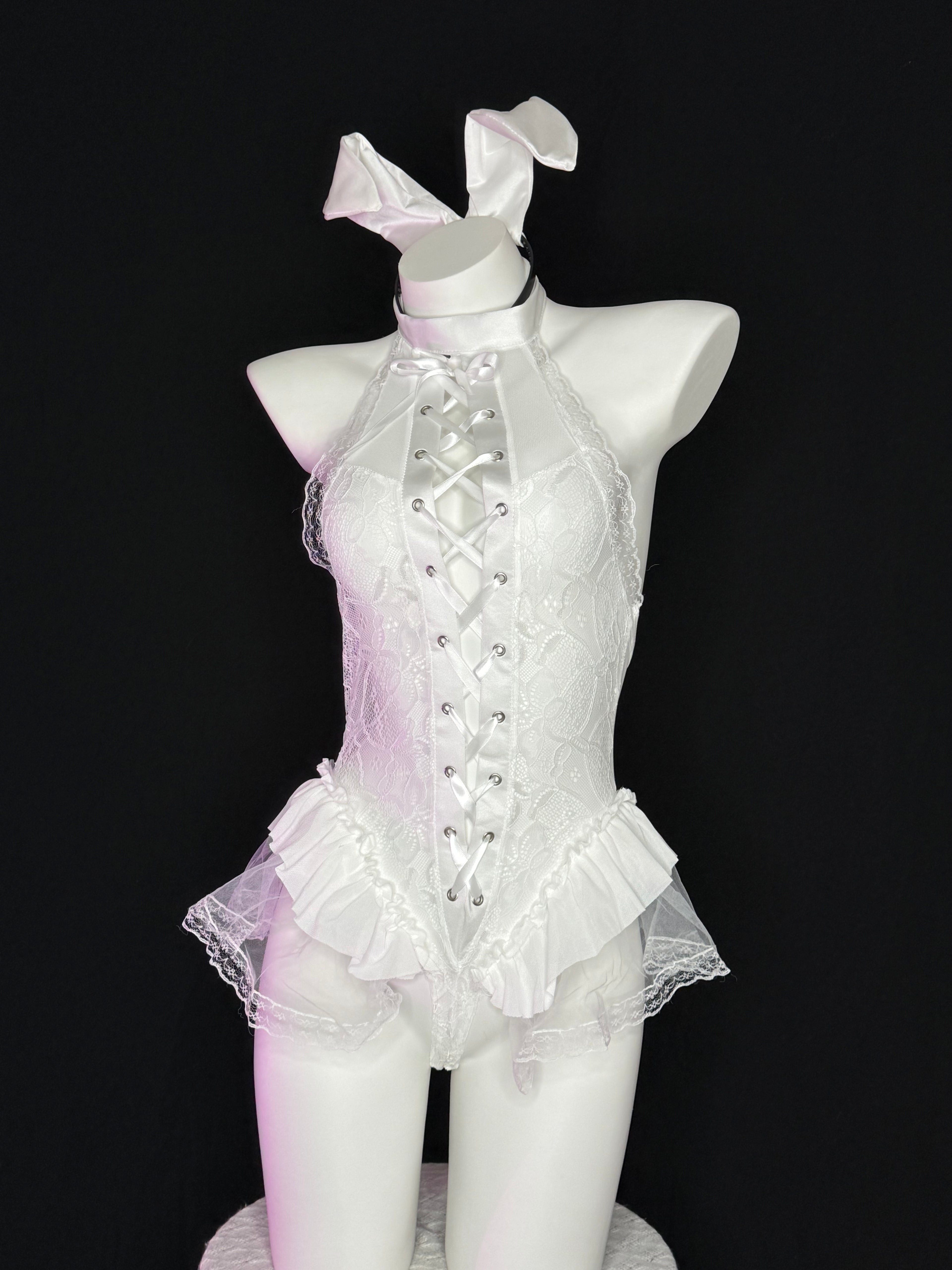 White Lace Bunny Ear Lace Up Ruffle Bodysuit