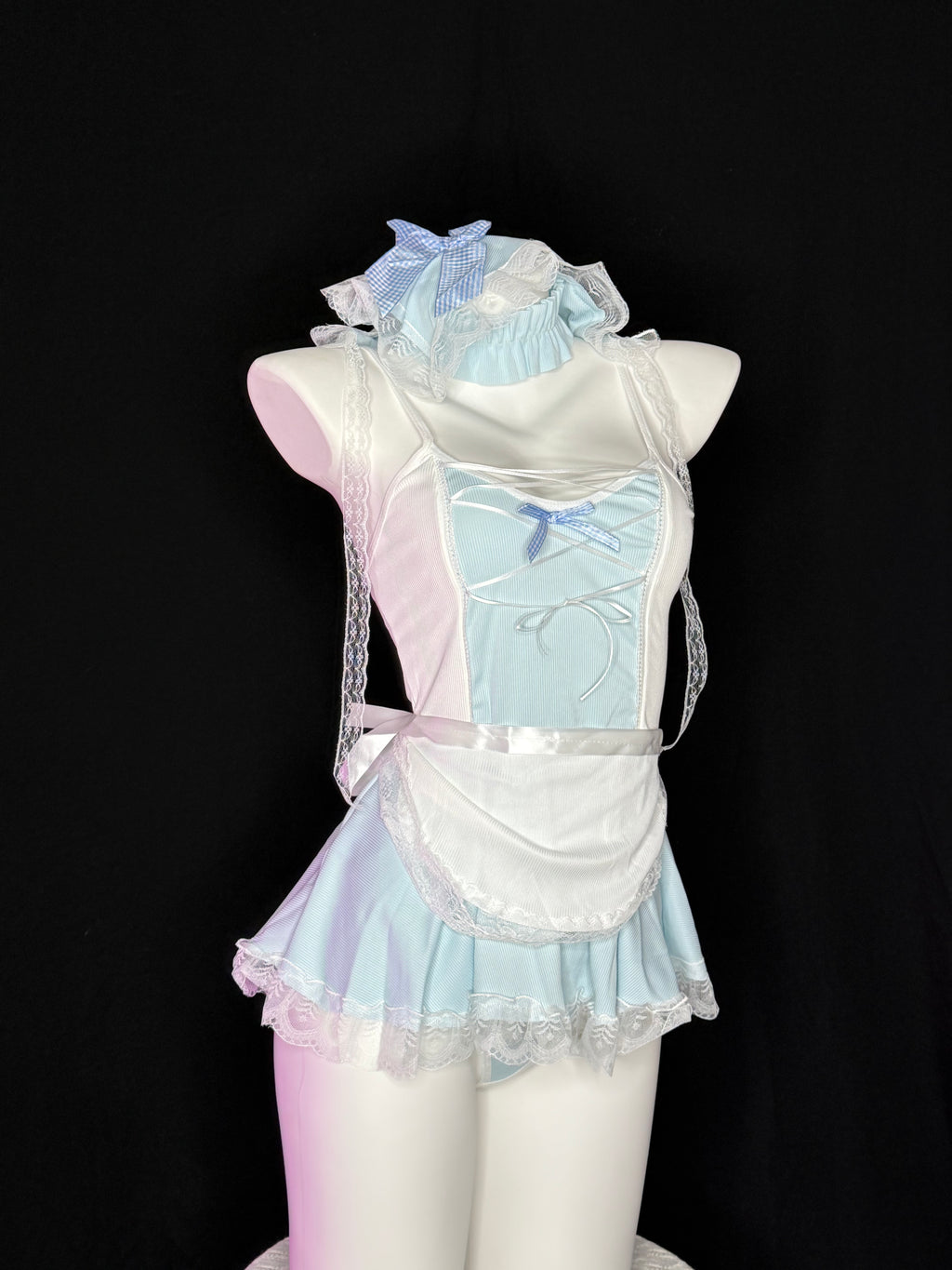 Light Blue Gingham Bow Frill Maid Cosplay Lingerie Set