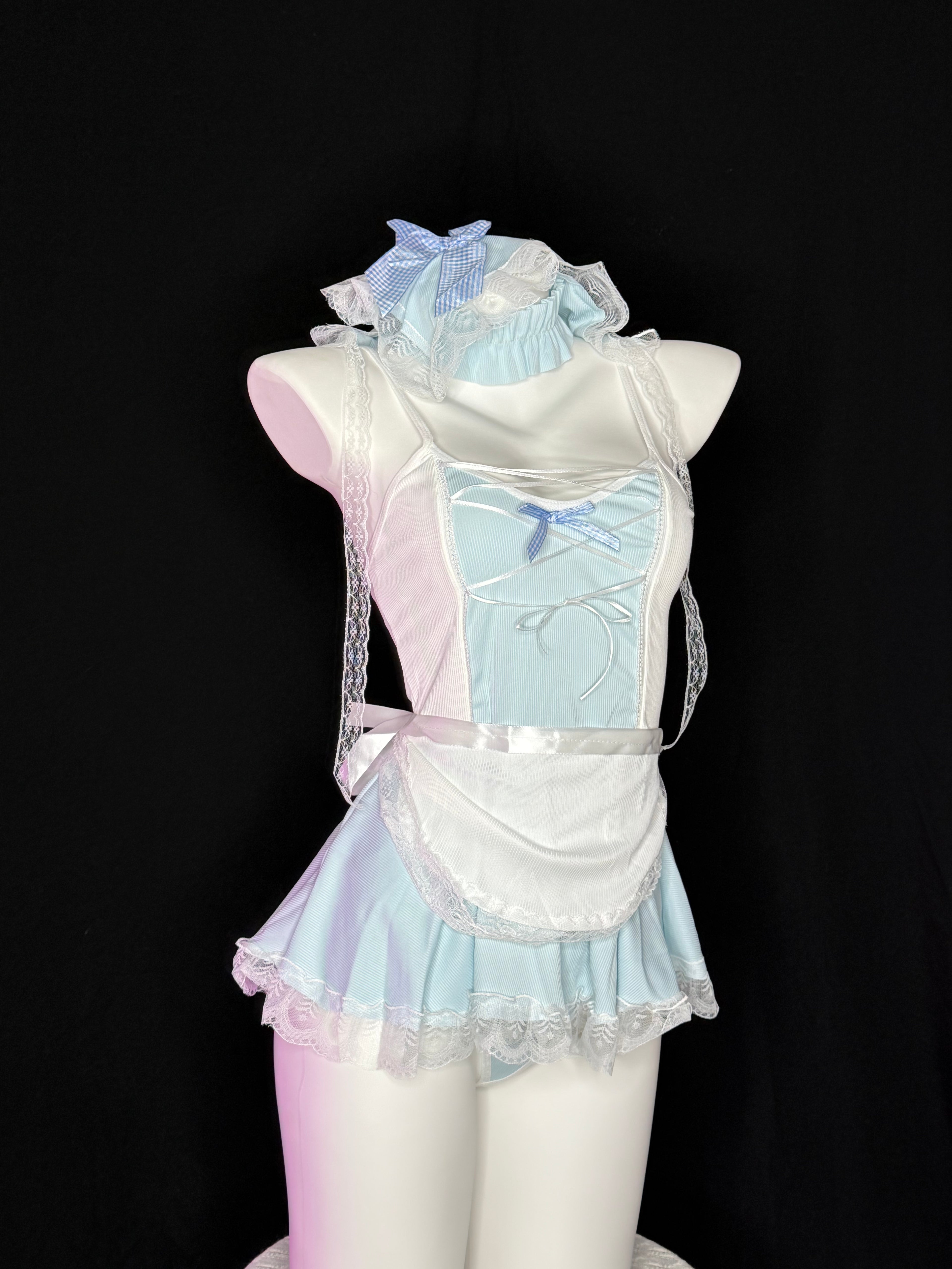 Light Blue Gingham Bow Frill Maid Cosplay Lingerie Set