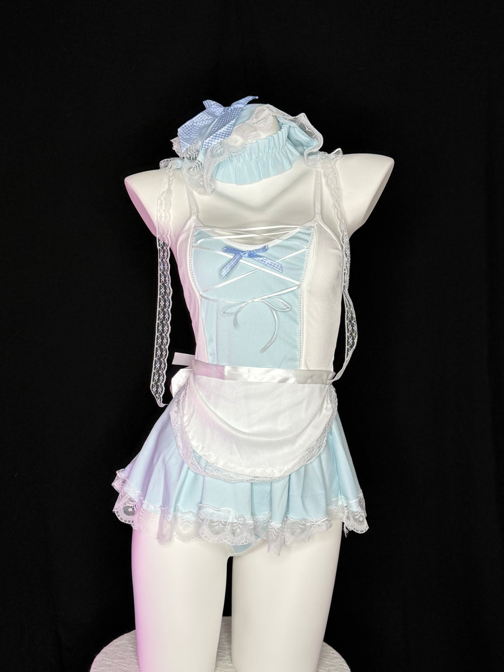 Light Blue Gingham Bow Frill Maid Cosplay Lingerie Set