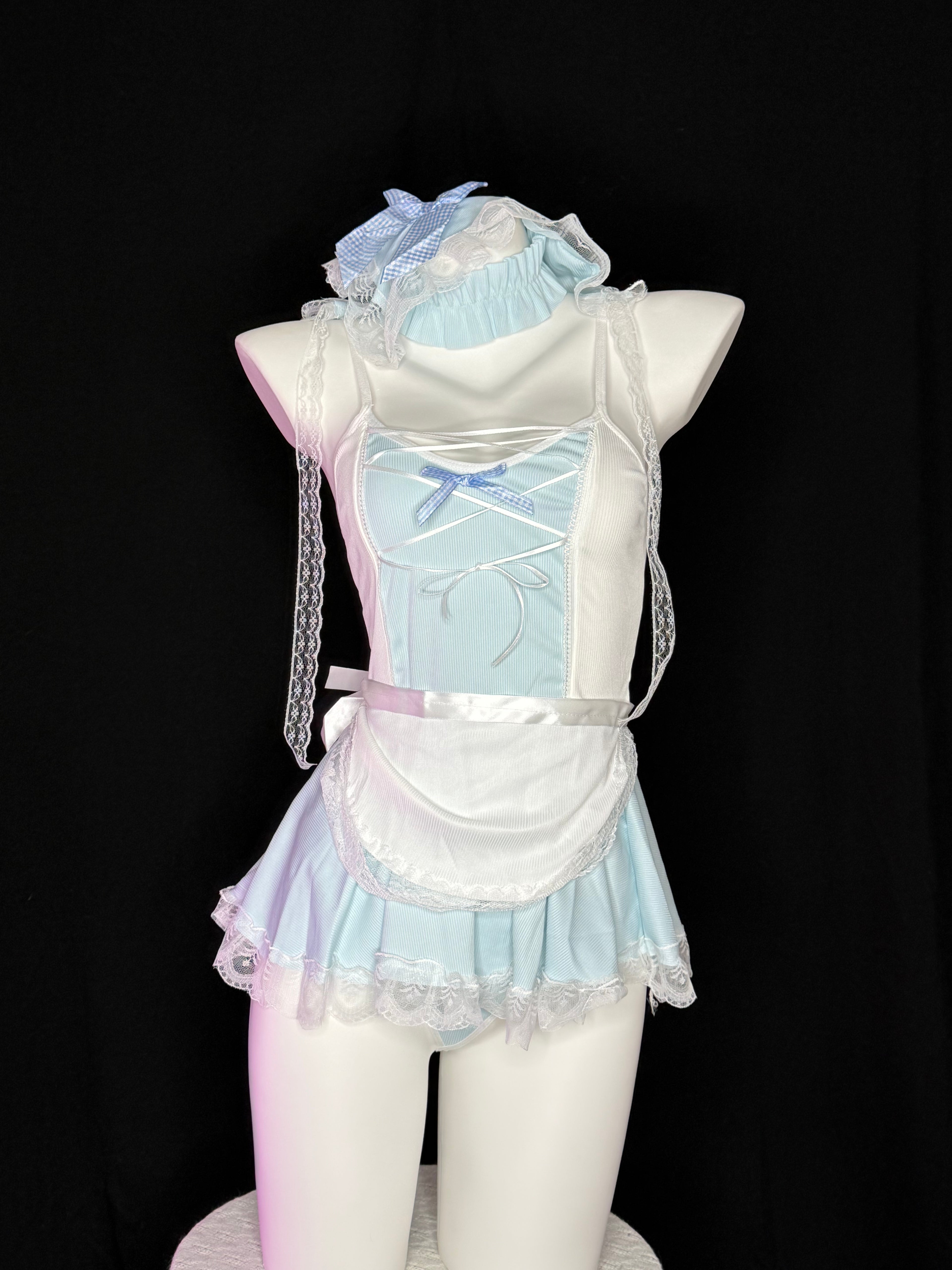 Light Blue Gingham Bow Frill Maid Cosplay Lingerie Set