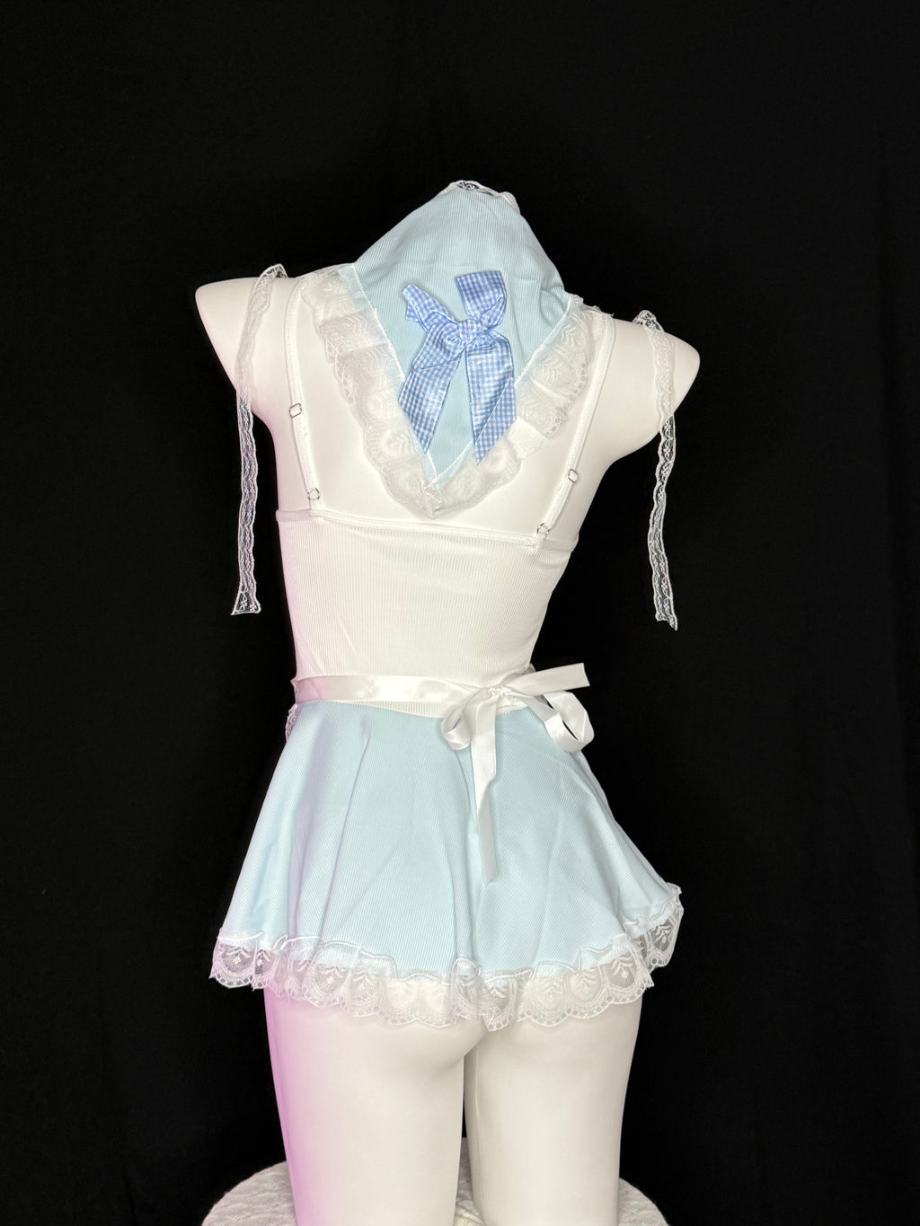 Light Blue Gingham Bow Frill Maid Cosplay Lingerie Set