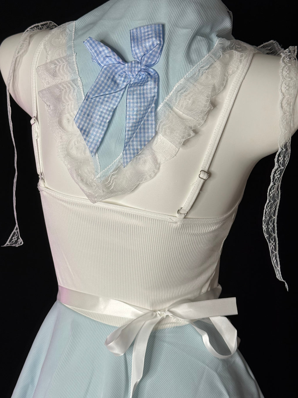 Light Blue Gingham Bow Frill Maid Cosplay Lingerie Set