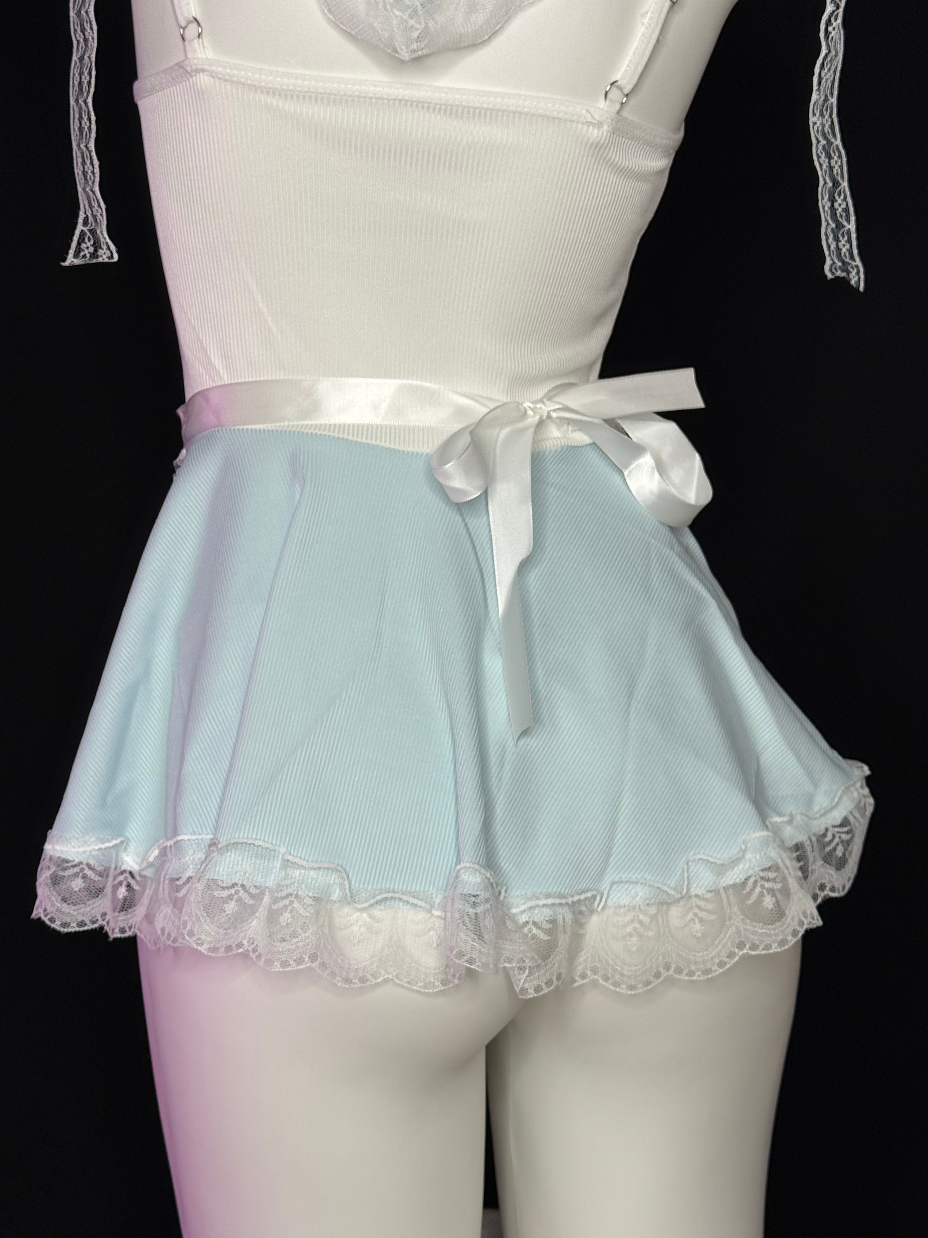 Light Blue Gingham Bow Frill Maid Cosplay Lingerie Set
