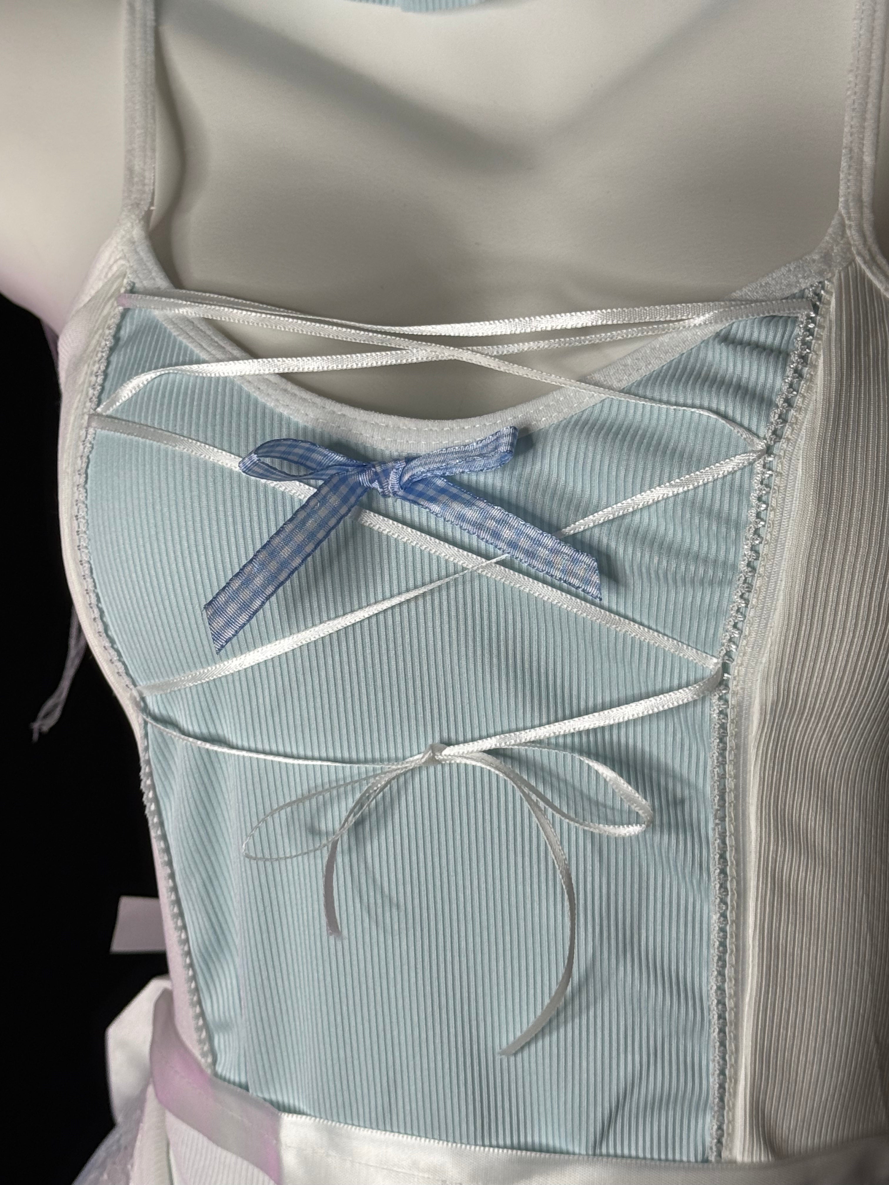 Light Blue Gingham Bow Frill Maid Cosplay Lingerie Set