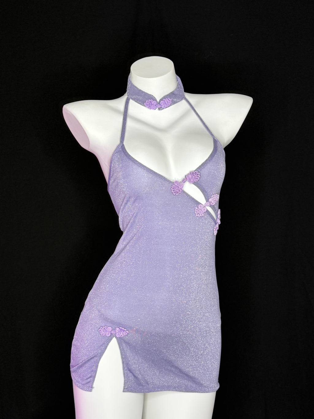 Lavender Glitter Halter Qipao Mini Lingerie Dress