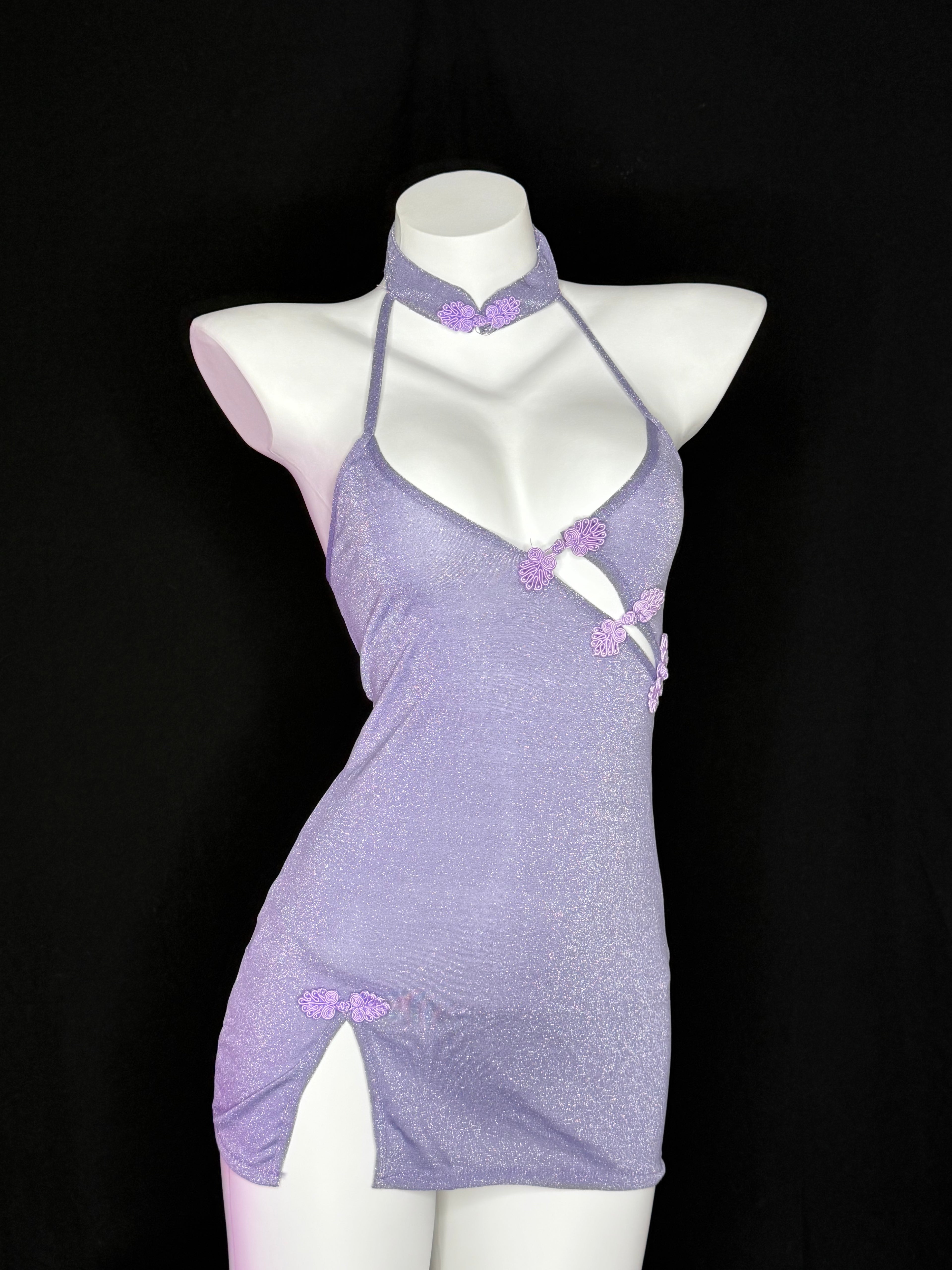 Lavender Glitter Halter Qipao Mini Lingerie Dress