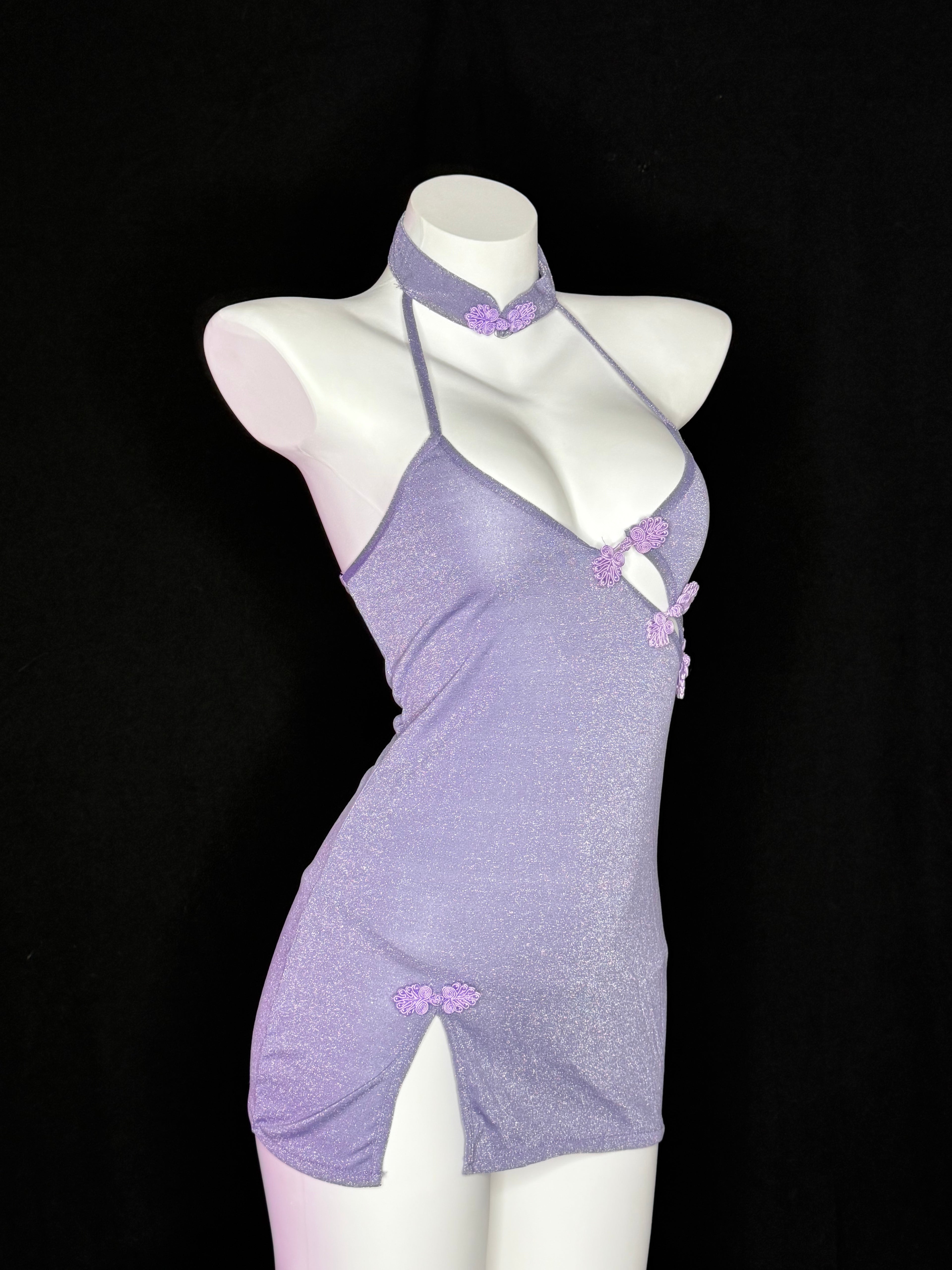 Lavender Glitter Halter Qipao Mini Lingerie Dress