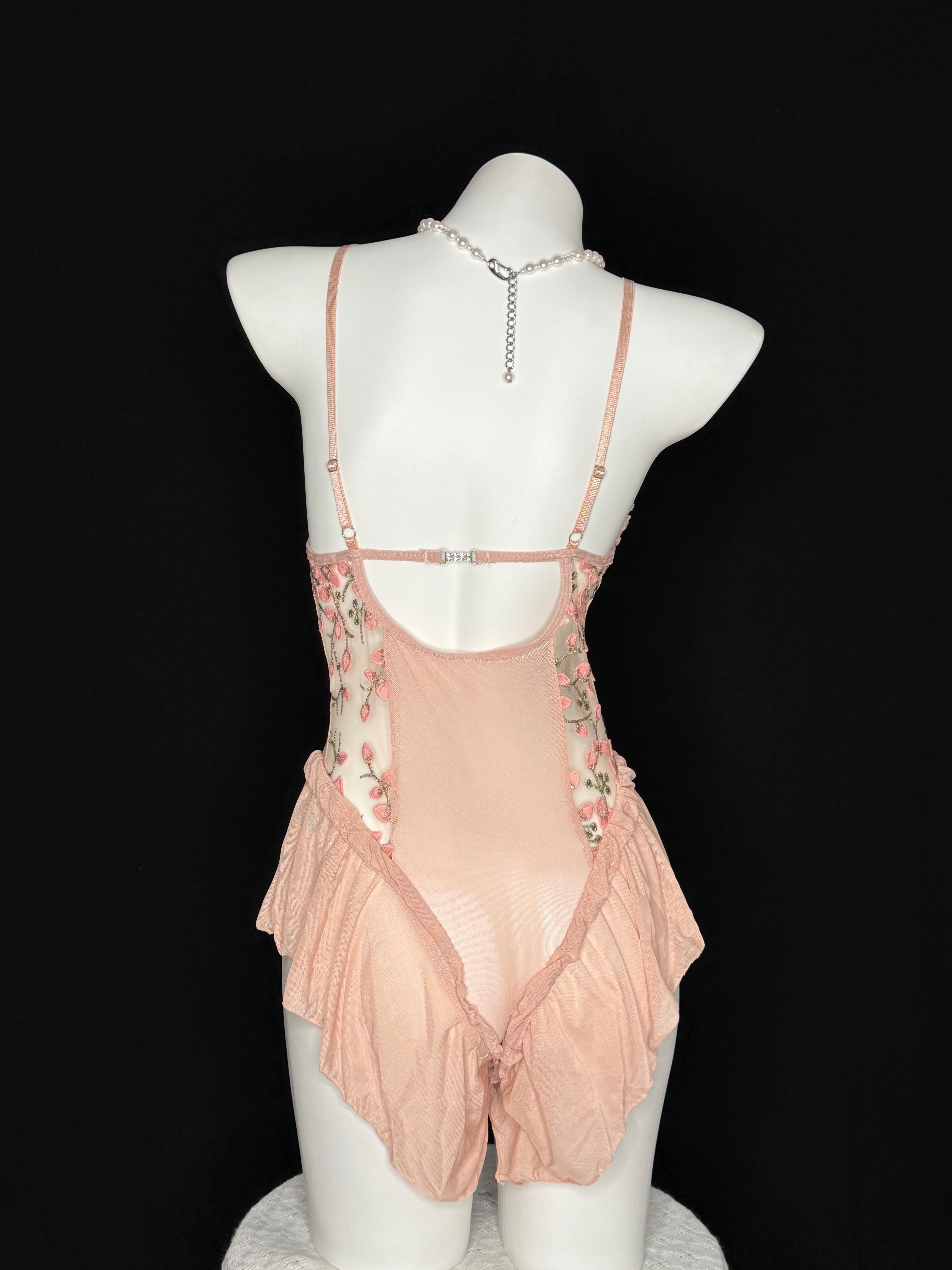 Blush Floral Embroidery Mesh Ruffle Bodysuit